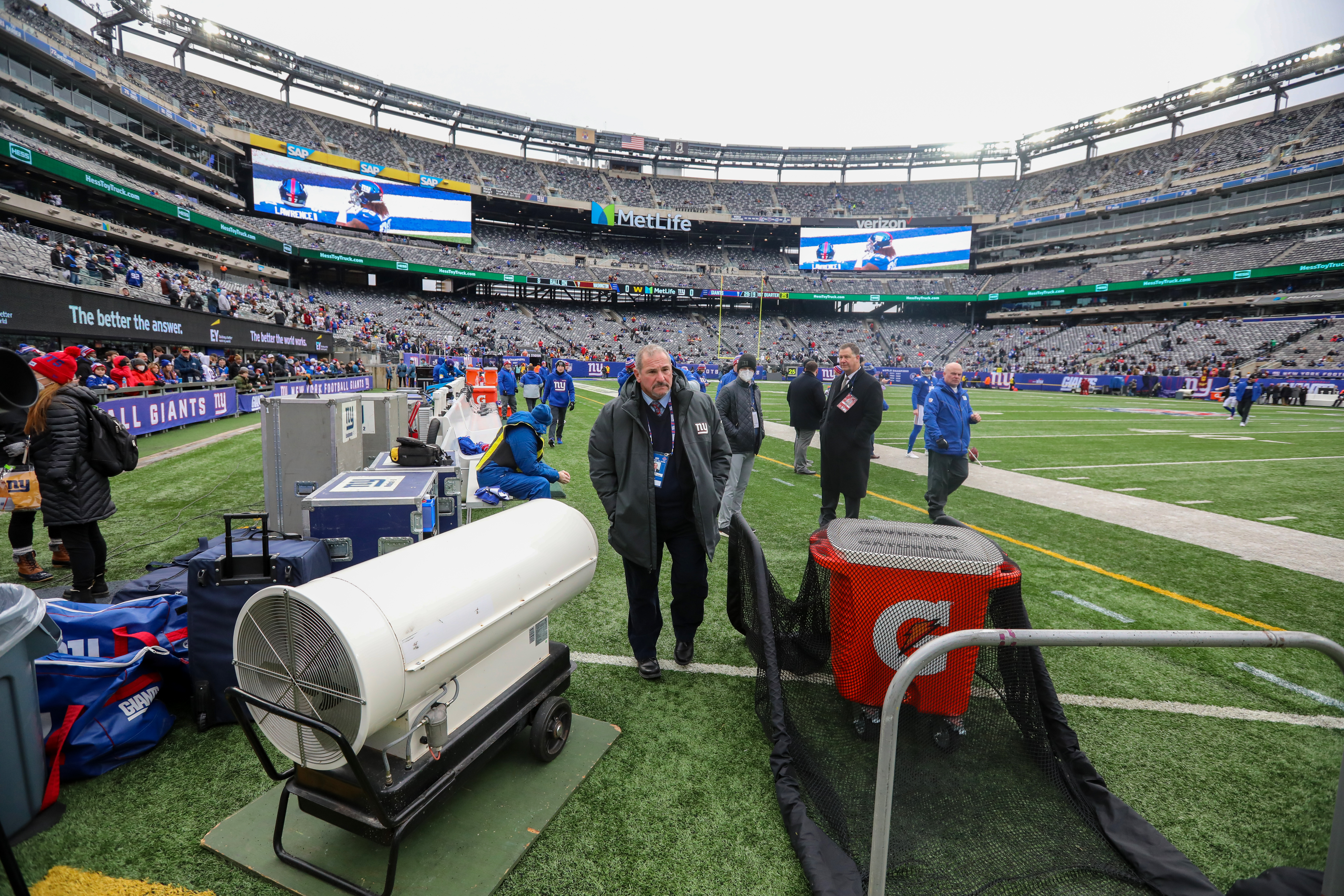 New York Giants general manager Dave Gettleman leaves the field after pregame warmups as the Giants prepare to host the Washington Football Team on Sunday, Jan. 9, 2022 in East Rutherford, N.J.