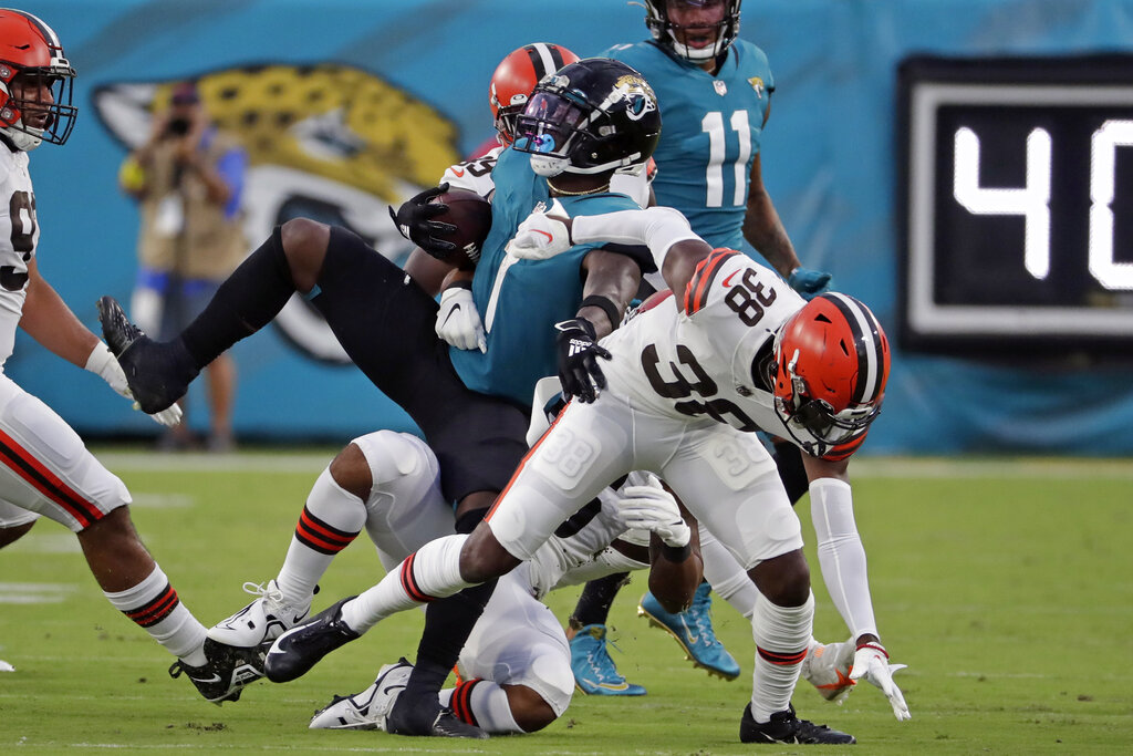 Cleveland Browns wide receiver Travell Harris (83) walks off the field at  the end of an NFL preseason football game against the Jacksonville Jaguars,  Friday, Aug. 12, 2022, in Jacksonville, Fla. The