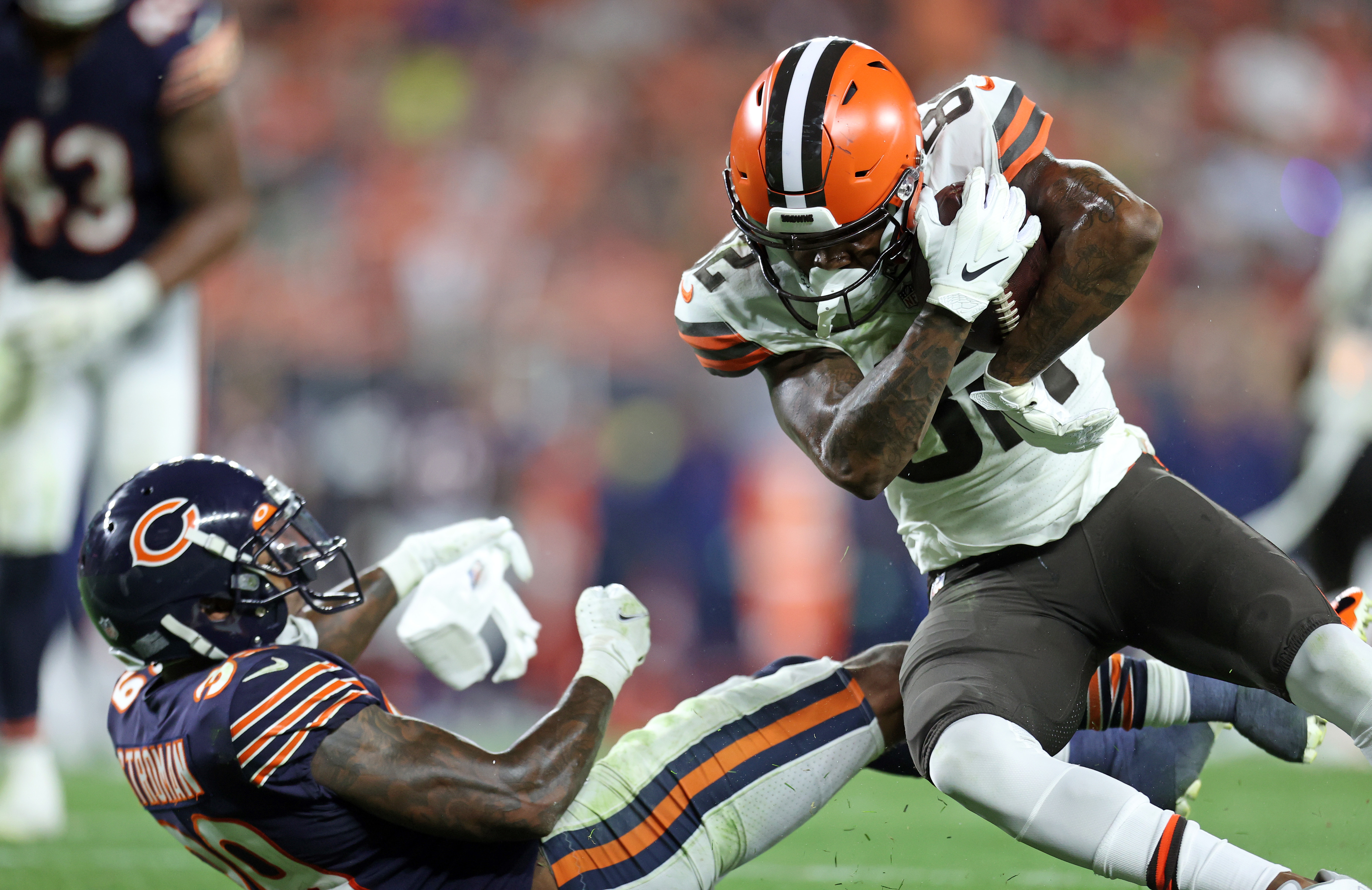 Chicago Bears tight end Ryan Griffin (84) celebrates after making a  touchdown against the Cleveland Browns during the first half of an NFL preseason  football game, Saturday, Aug. 27, 2022, in Cleveland. (