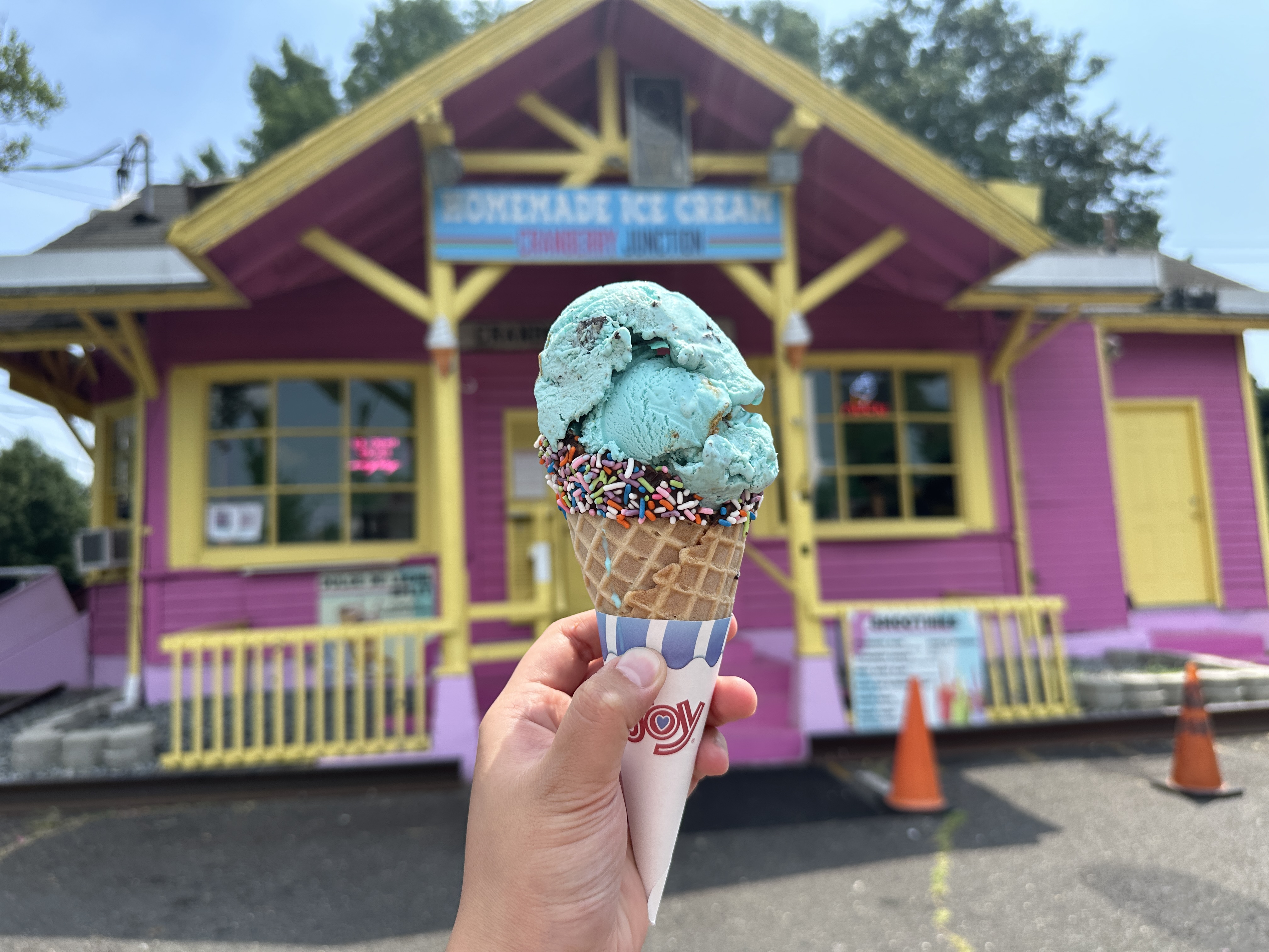 This pink ice cream paradise used to be a train station. Inside