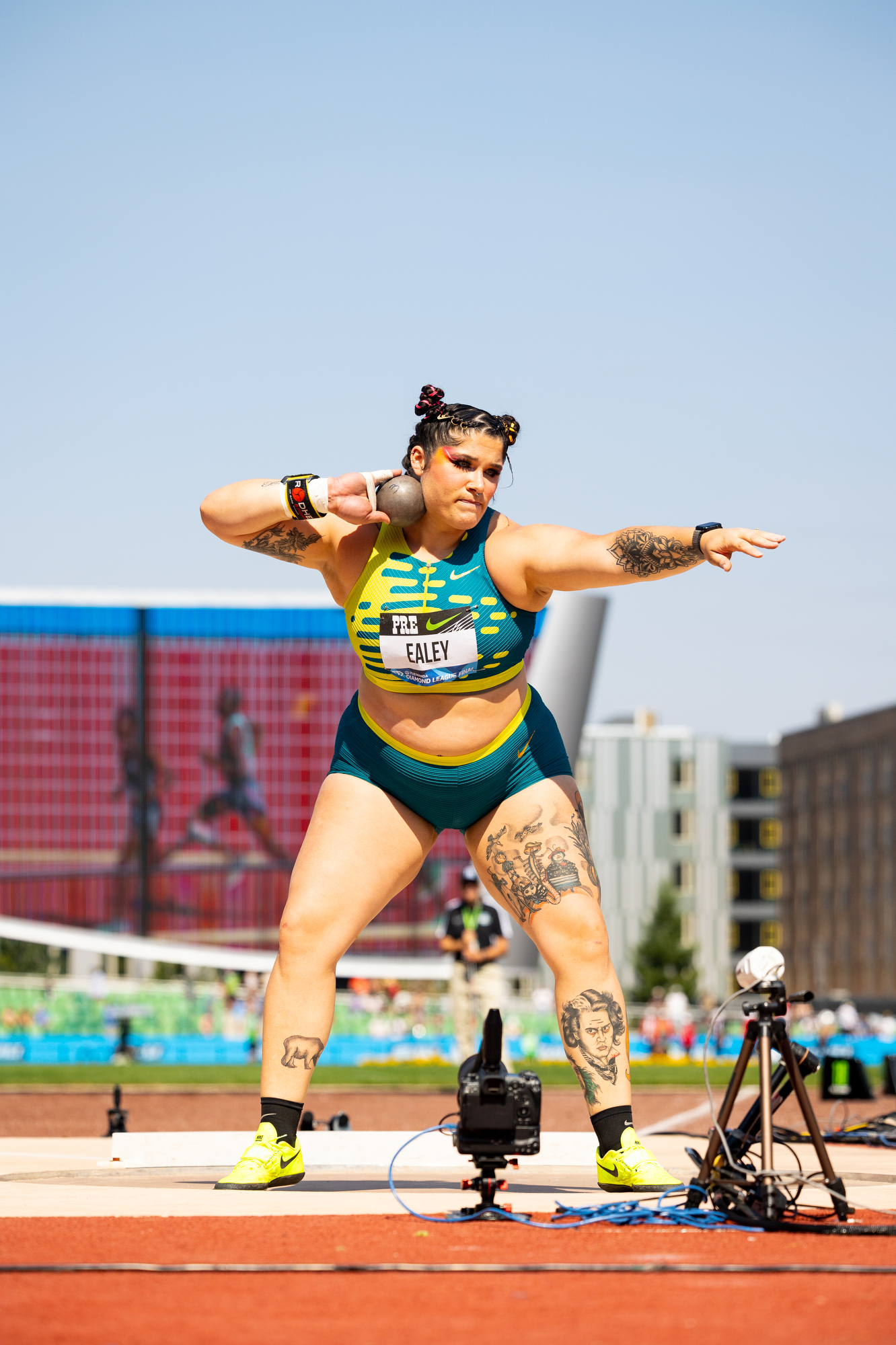 Chase Ealey of the United States competes in the women’s shot put at the Prefontaine Classic track and field meet on Saturday, Sept. 16, 2023, at Hayward Field in Eugene. Ealey won the event, setting a new American record with a throw of 68 feet, 1½ inches.