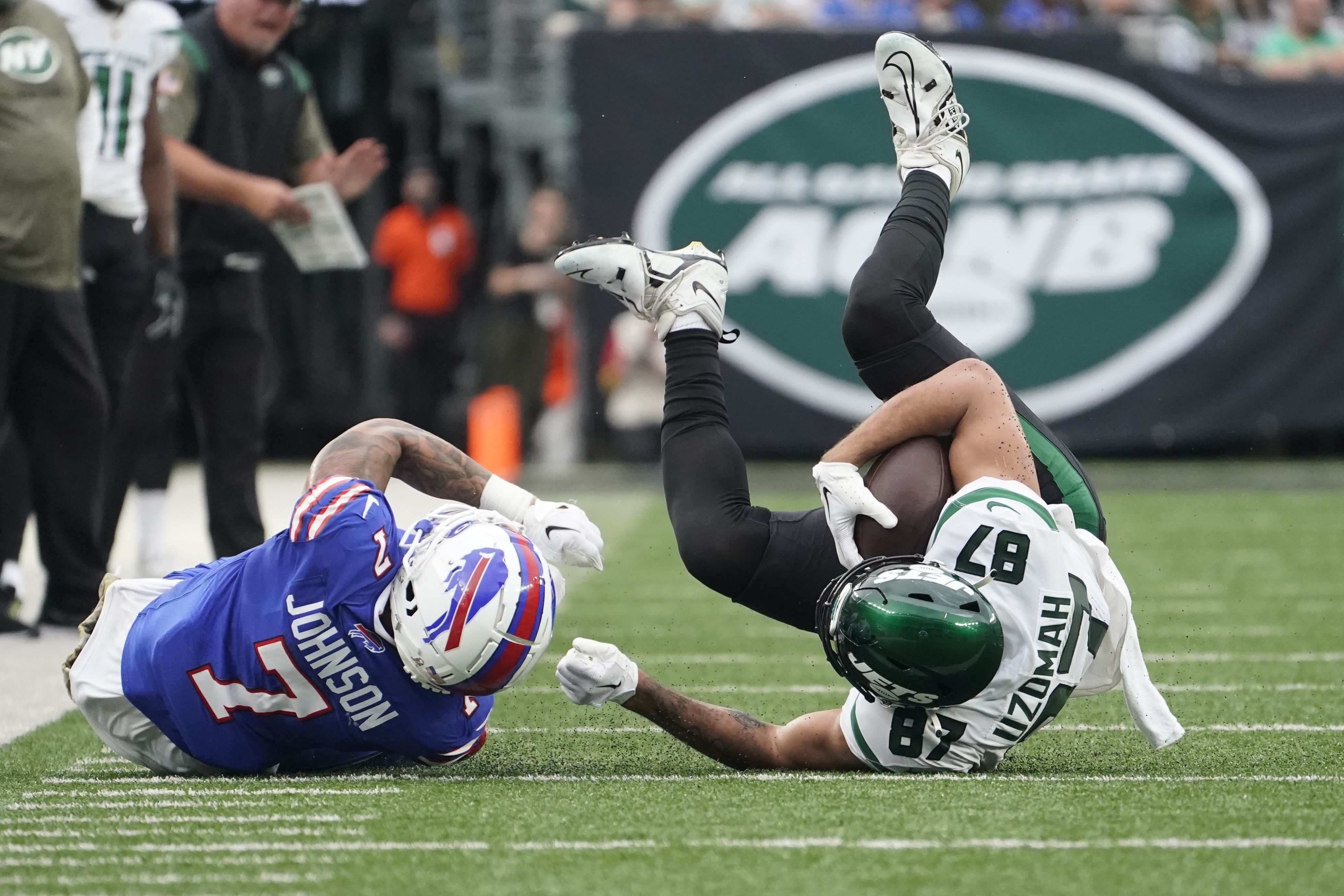 New York Jets' Jermaine Johnson (52) tackles Buffalo Bills quarterback Josh  Allen (17) during the second half of an NFL football game, Sunday, Nov. 6,  2022, in East Rutherford, N.J. The Jets