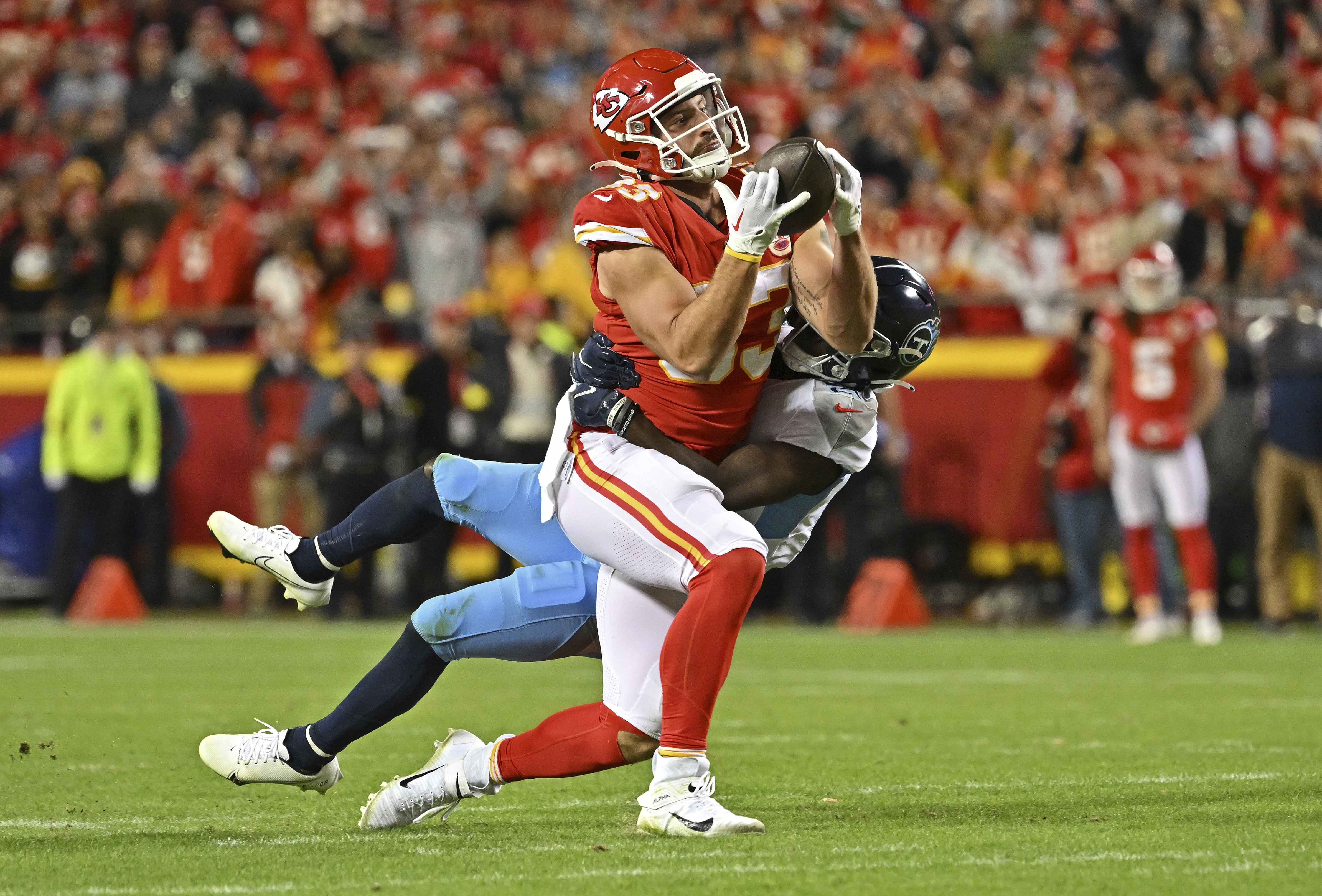 Kansas City Chiefs tight end Noah Gray (83) congratulates Kansas