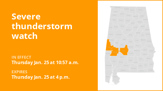 A severe thunderstorm warning has been issued for west-central Alabama through early Thursday evening