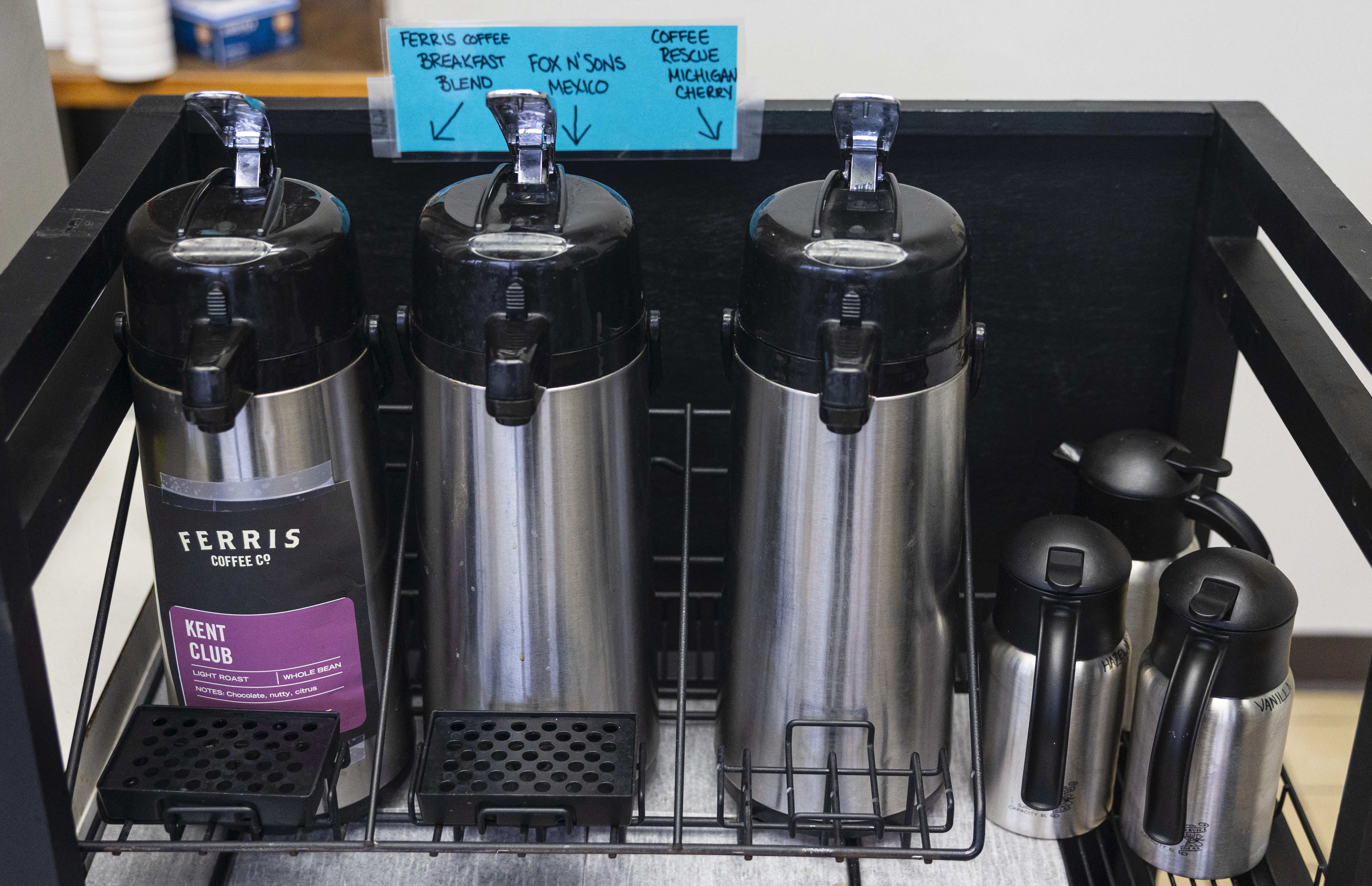 A coffee station at Totally Brewed Cafe in downtown Kalamazoo, Michigan on Wednesday, Jan. 3, 2024. 