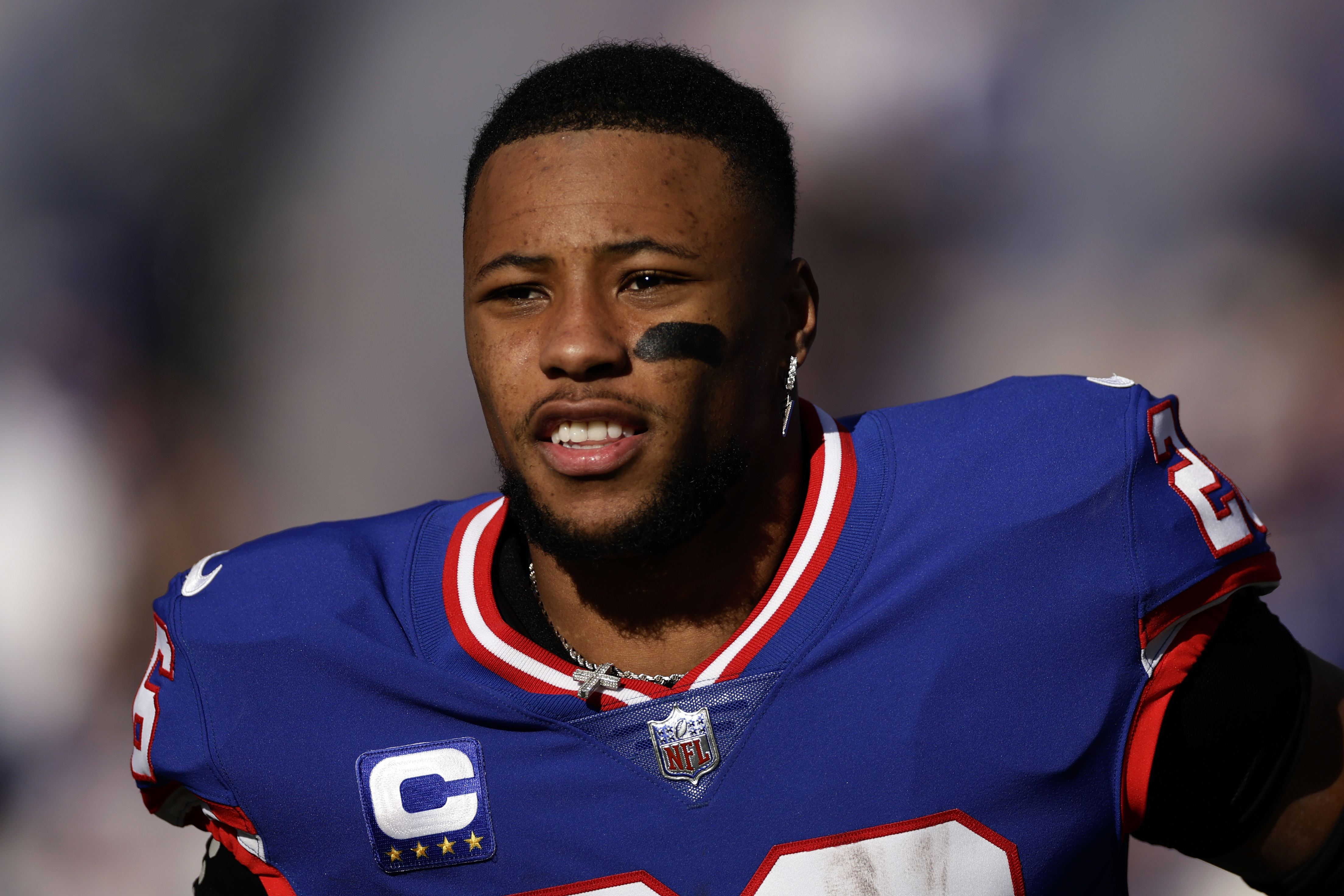 January 1, 2023, East Rutherford, New Jersey, USA: New York Giants running  back Saquon Barkley (26) runs up field during a NFL game against the  Indianapolis Colts in East Rutherford, New Jersey.