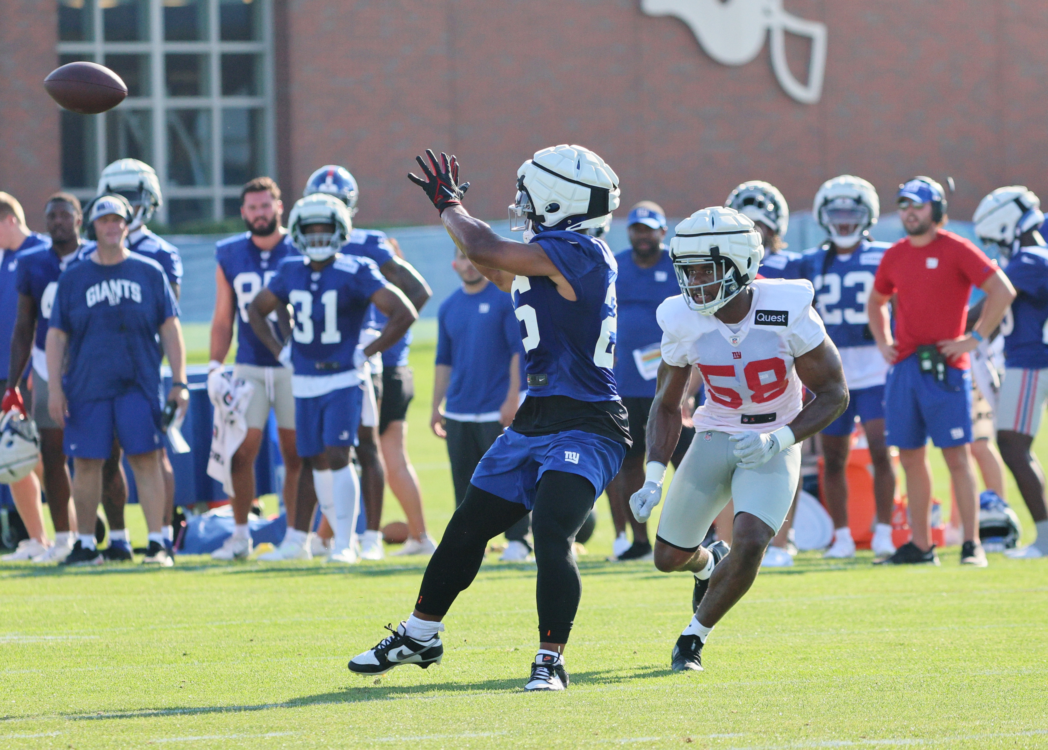 EAST RUTHERFORD, NJ - JULY 30: Daniel Jones (8) New York Giants quarterback  drops back to pass during training camp on July 30, 2022 at Quest  Diagnostics Training Center in East Rutherford