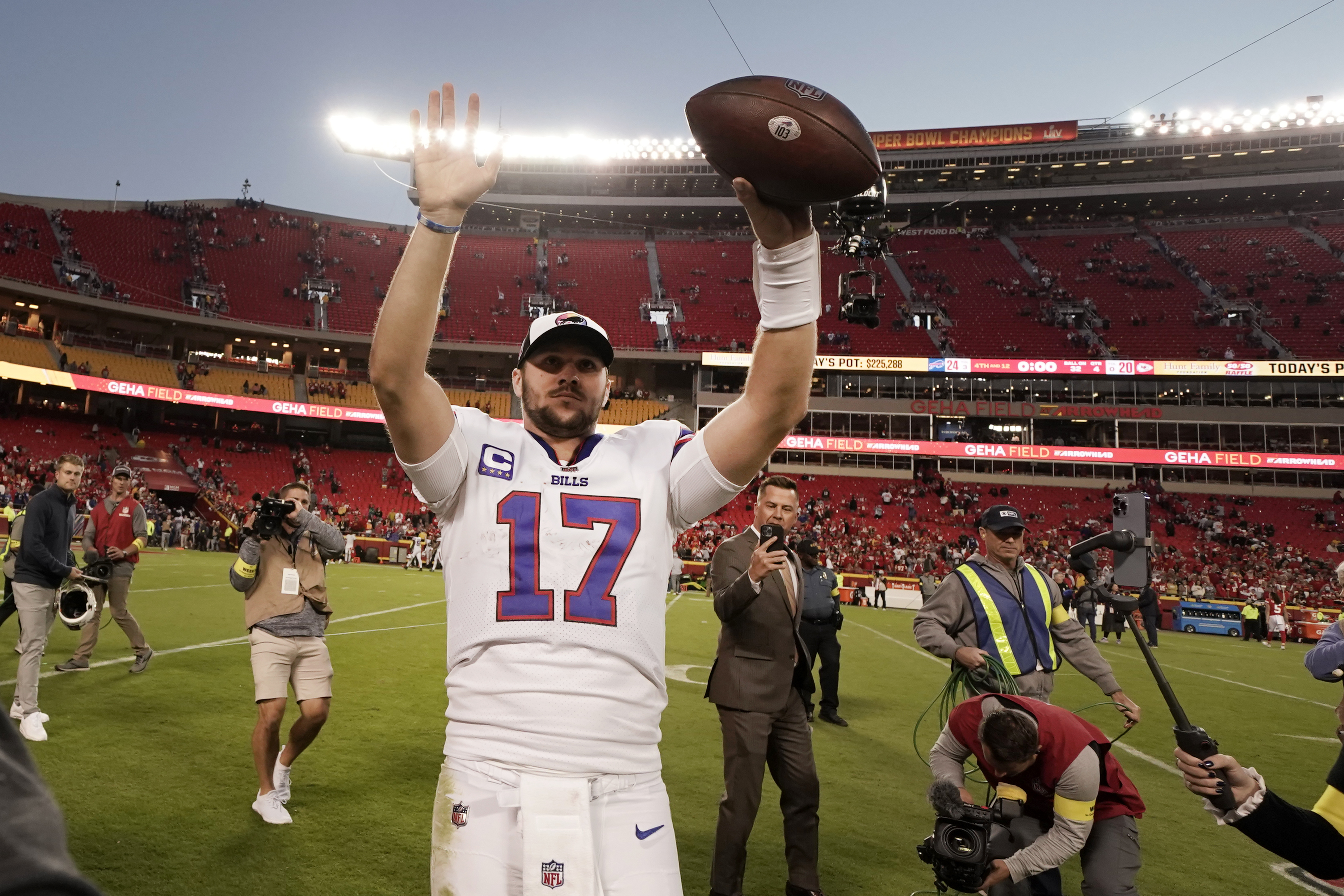 Buffalo Bills defensive tackle DaQuan Jones (92) walks off the field after  an NFL football game against the Kansas City Chiefs Sunday, Oct. 16, 2022,  in Kansas City, Mo. (AP Photo/Peter Aiken