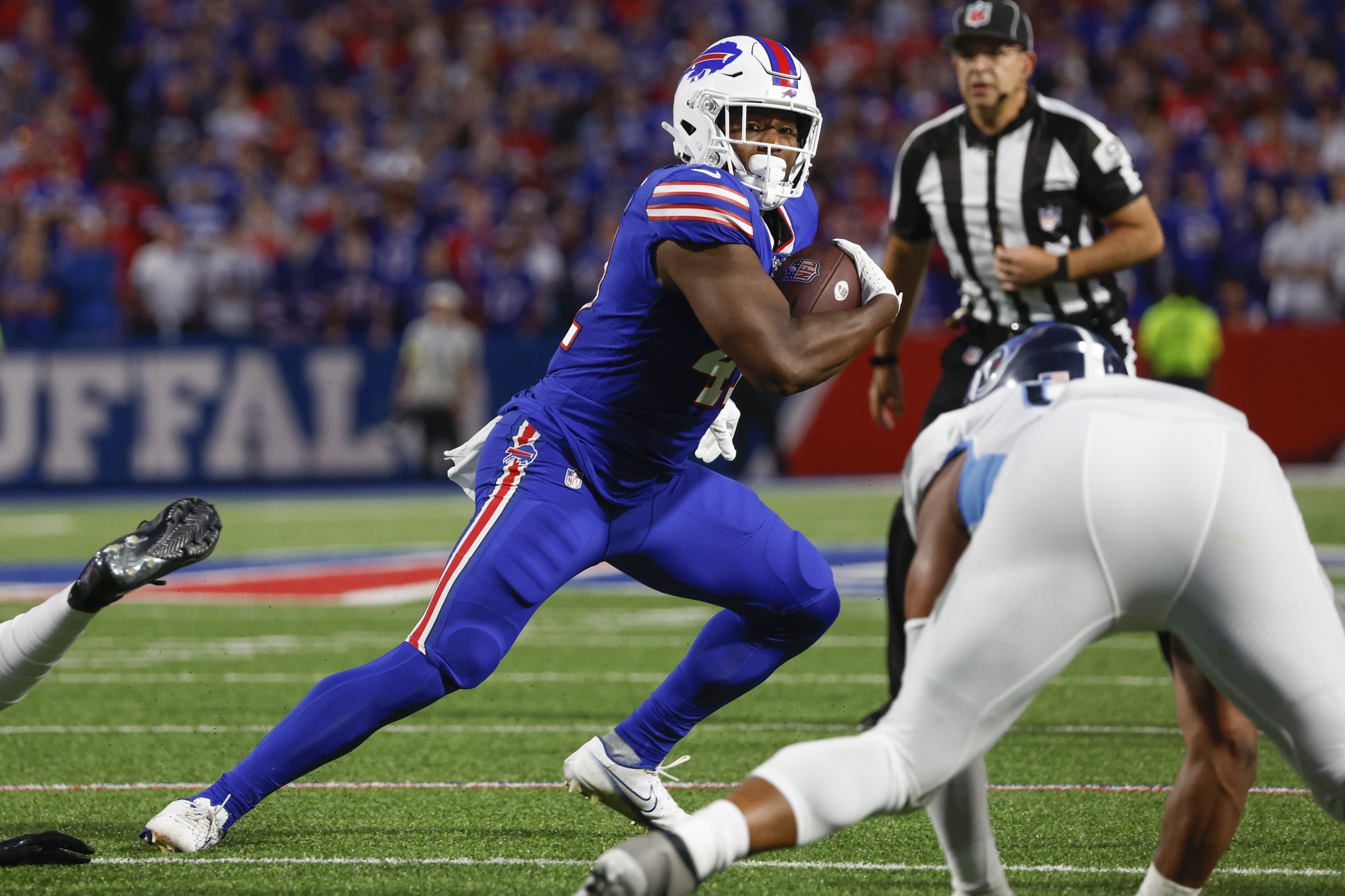 Buffalo Bills fullback Reggie Gilliam (41) runs for a touchdown during the  first half of an NFL football game against the Tennessee Titans Monday,  Sept. 19, 2022, in Orchard Park, N.Y. (AP