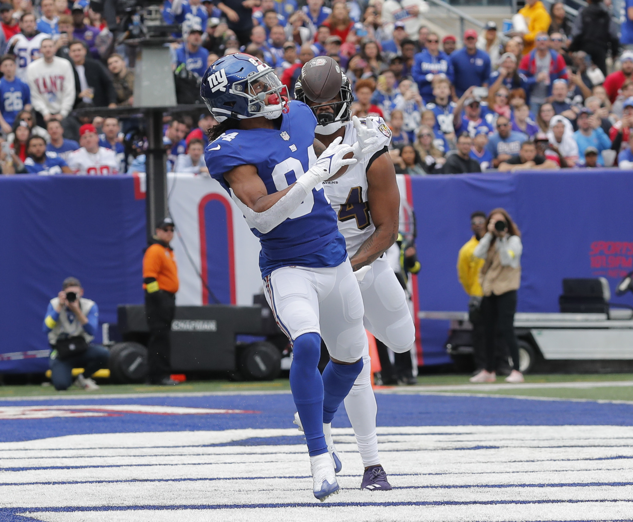 New York Giants wide receiver Marcus Johnson (84) walks off the field after  an NFL football