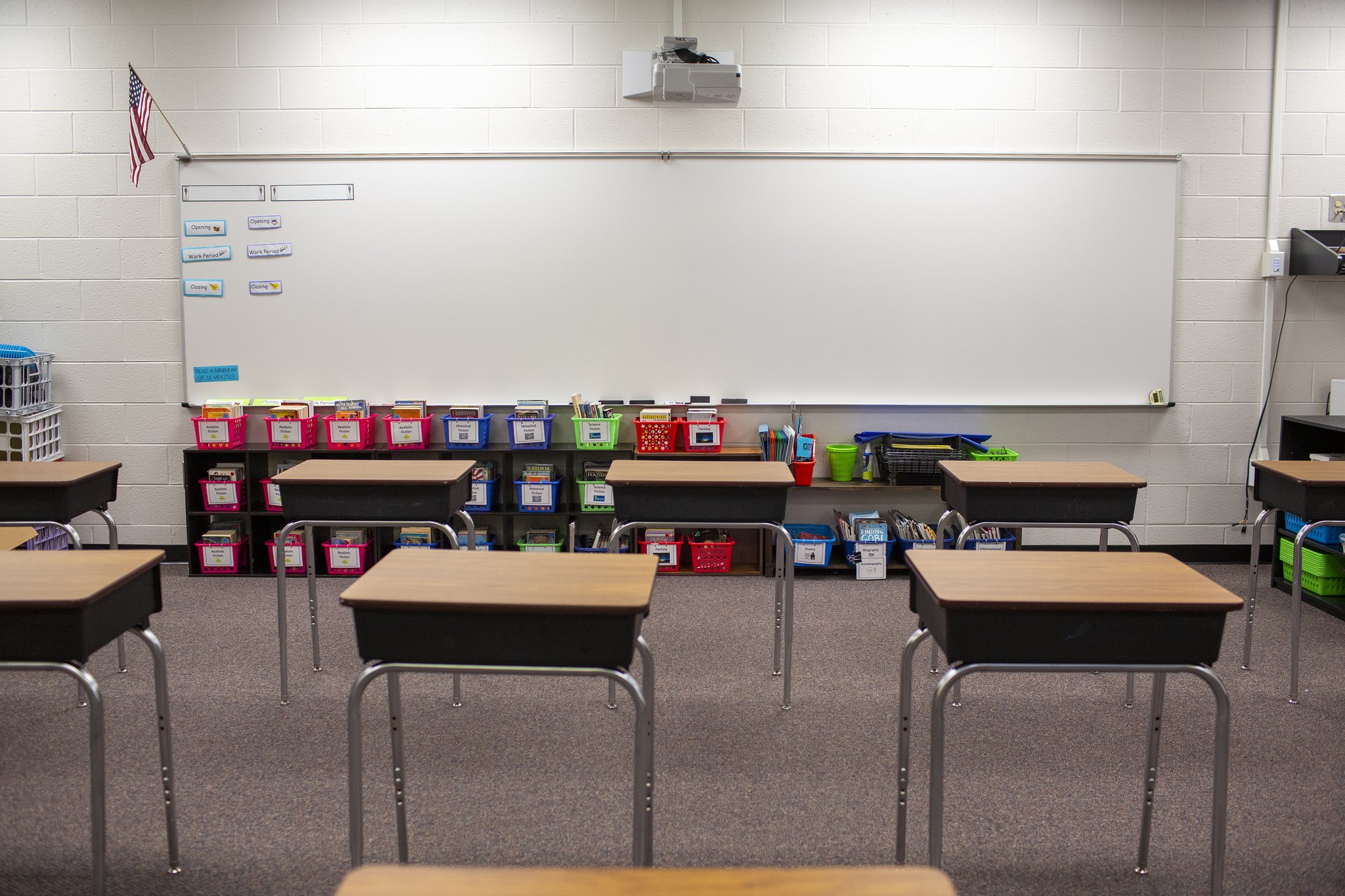 Desks are seen socially distanced in Northbrook Middle School in Suwanee, Georgia, on Wednesday, July 8, 2020.
