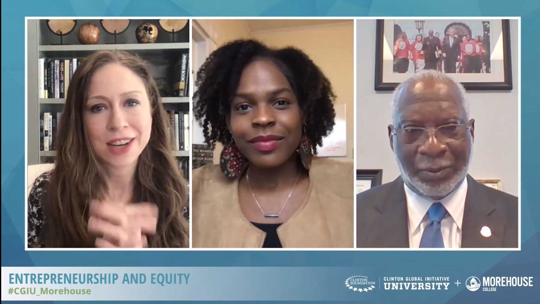 Chelsea Clinton, left, LaShyra Nolen, Harvard Medical School Student Council President, center, and Dr. David Satcher, former U.S. Surgeon General and founder of the Satcher Health Leadership Institute at the Morehouse School of Medicine, right, discuss health equity issues during an Oct. 8, 2020 forum organized by Morehouse College and the Clinton Global Initiative University. Photo courtesy: Morehouse College and the Clinton Global Initiative University.