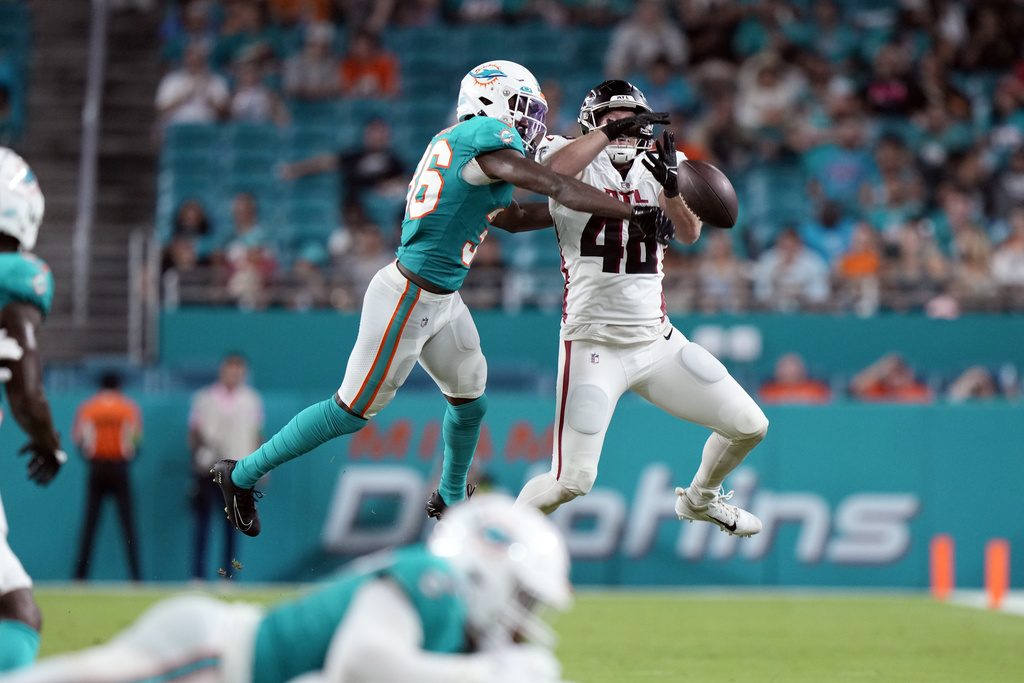 Miami Dolphins quarterback Mike White looks for an open receiver during the  first half of a preseason NFL football game against the Atlanta Falcons,  Friday, Aug. 11, 2023, in Miami Gardens, Fla. (