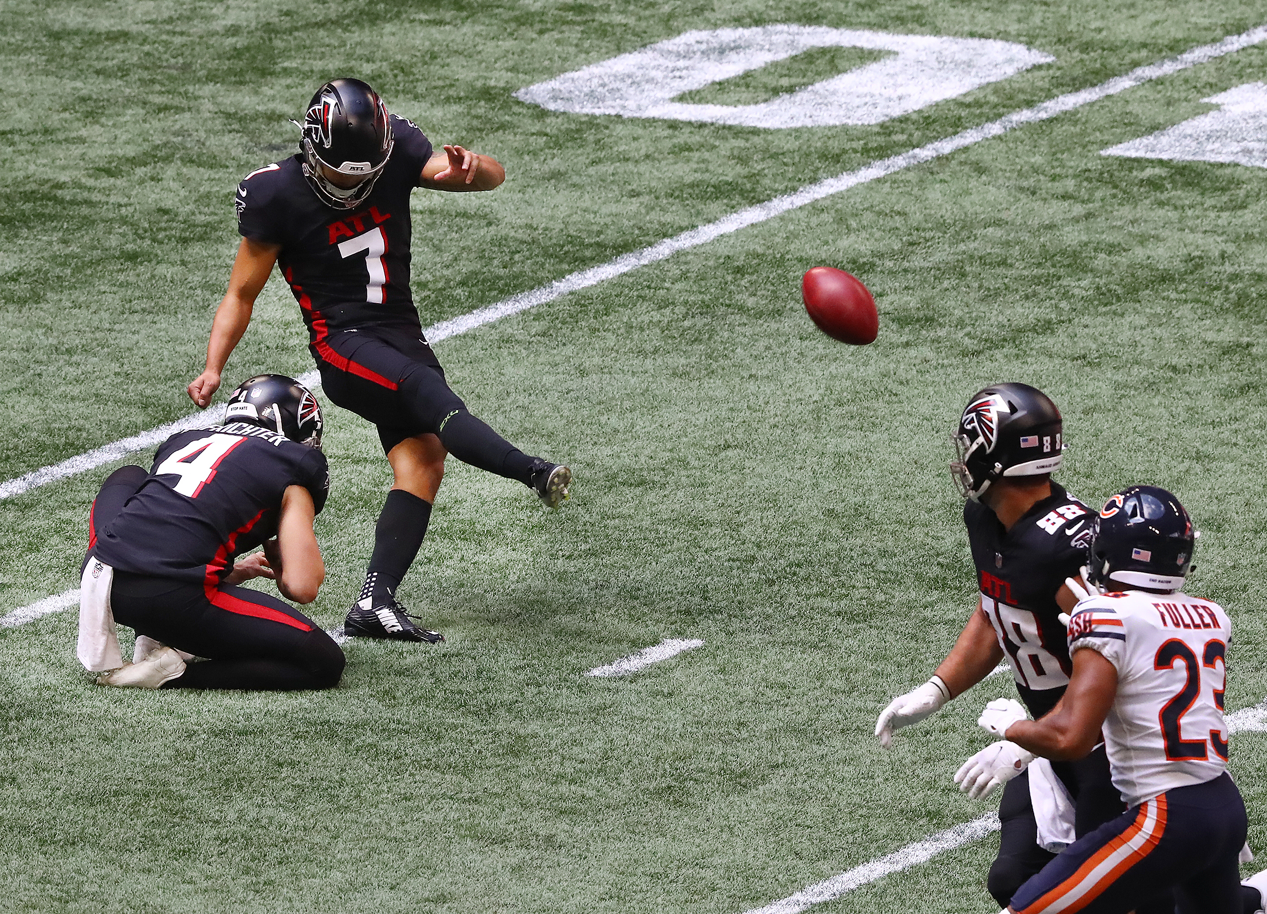 Atlanta Falcons place kicker Younghoe Koo (7) celebrates with