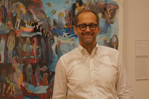 Sprawl: Drawing Outside the Lines curator Michael Rooks is shown with Faith McClure's "Reverie" (2014). CONTRIBUTED BY MARCI TATE