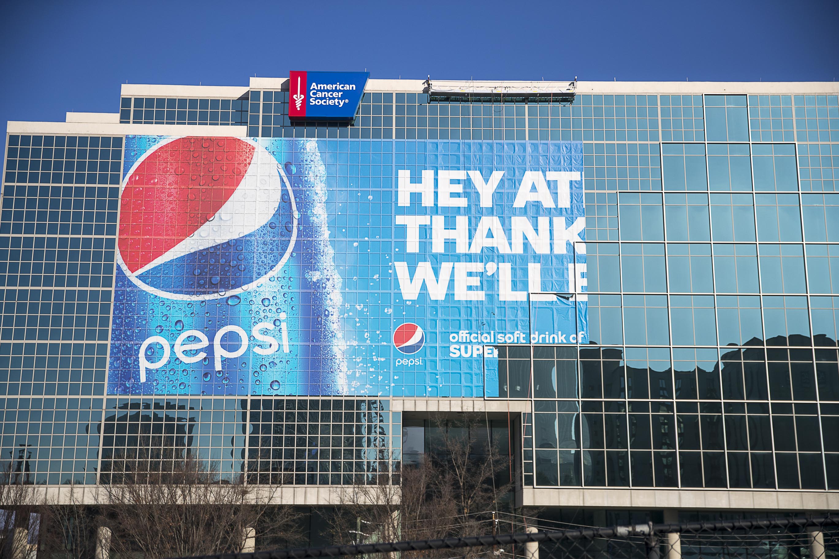 An advertisement for Pepsi is shown downtown for the NFL Super Bowl 53  football game Wednesday, Jan. 30, 2019, in Atlanta. The Patriots and the  Rams aren't the only ones battling for