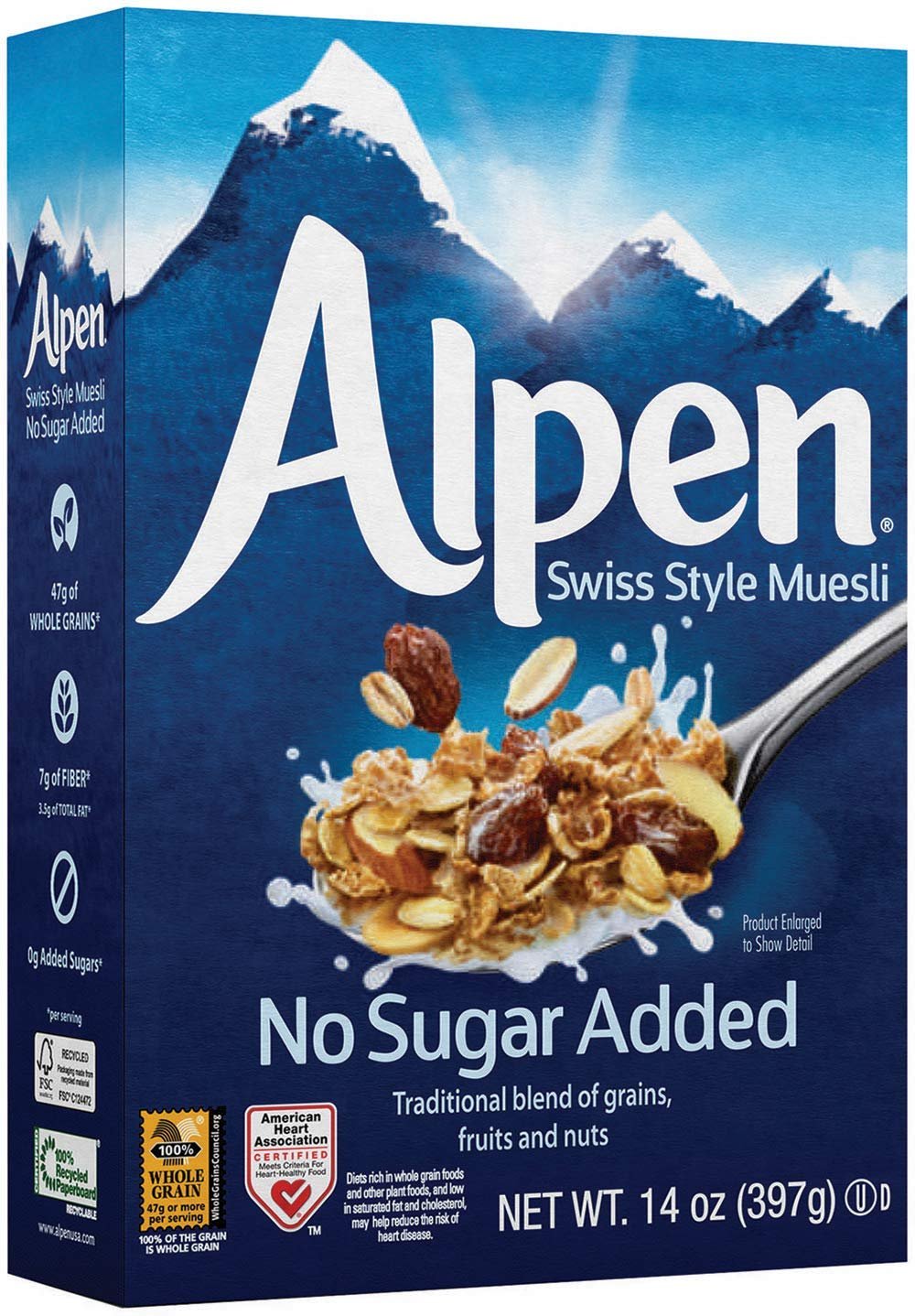 No Added Sugar Alpen muesli combines whole grain oats, wheat, raisins and nuts, resulting in a breakfast cereal high in fiber and low in saturated fat. CONTRIBUTED