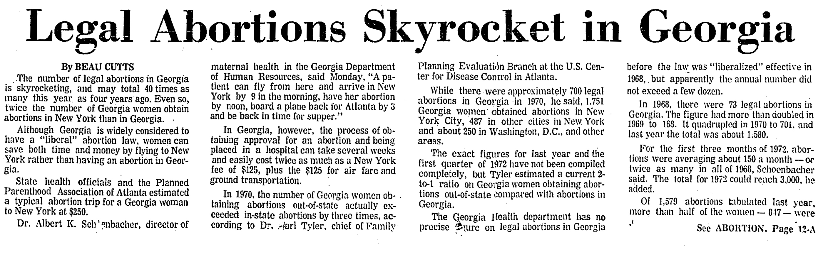 An article from the April 18, 1972, edition of The Atlanta Constitution describes how women in Georgia seeking an abortion are twice as likely to obtain one in New York, despite Georgia's 1968 abortion law that eased some restrictions on the procedure. (AJC archive)