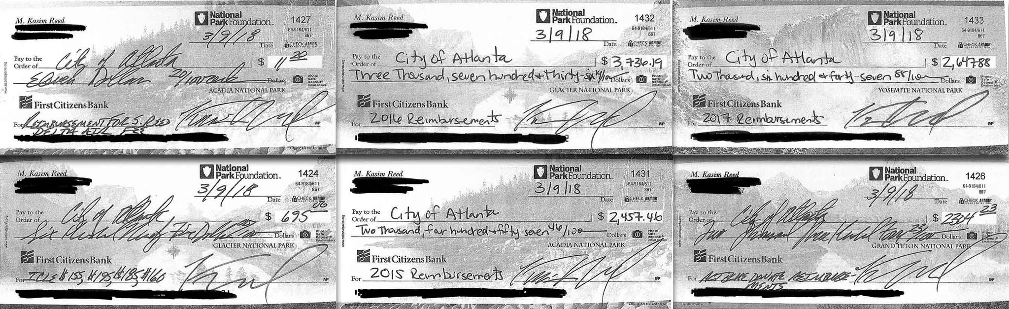 Former Mayor Kasim Reed wrote these personal checks totalling nearly $12,000 to reimburse the city of Atlanta for charges to his city-backed credit card. The reimbursements covered charges from 2015 to 2017.