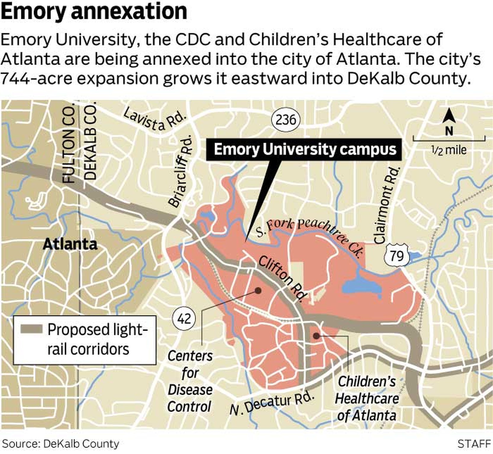 Emory University, the CDC and Children’s Healthcare of Atlanta are being annexed into the city of Atlanta. The city’s 744-acre expansion grows it eastward into DeKalb County.