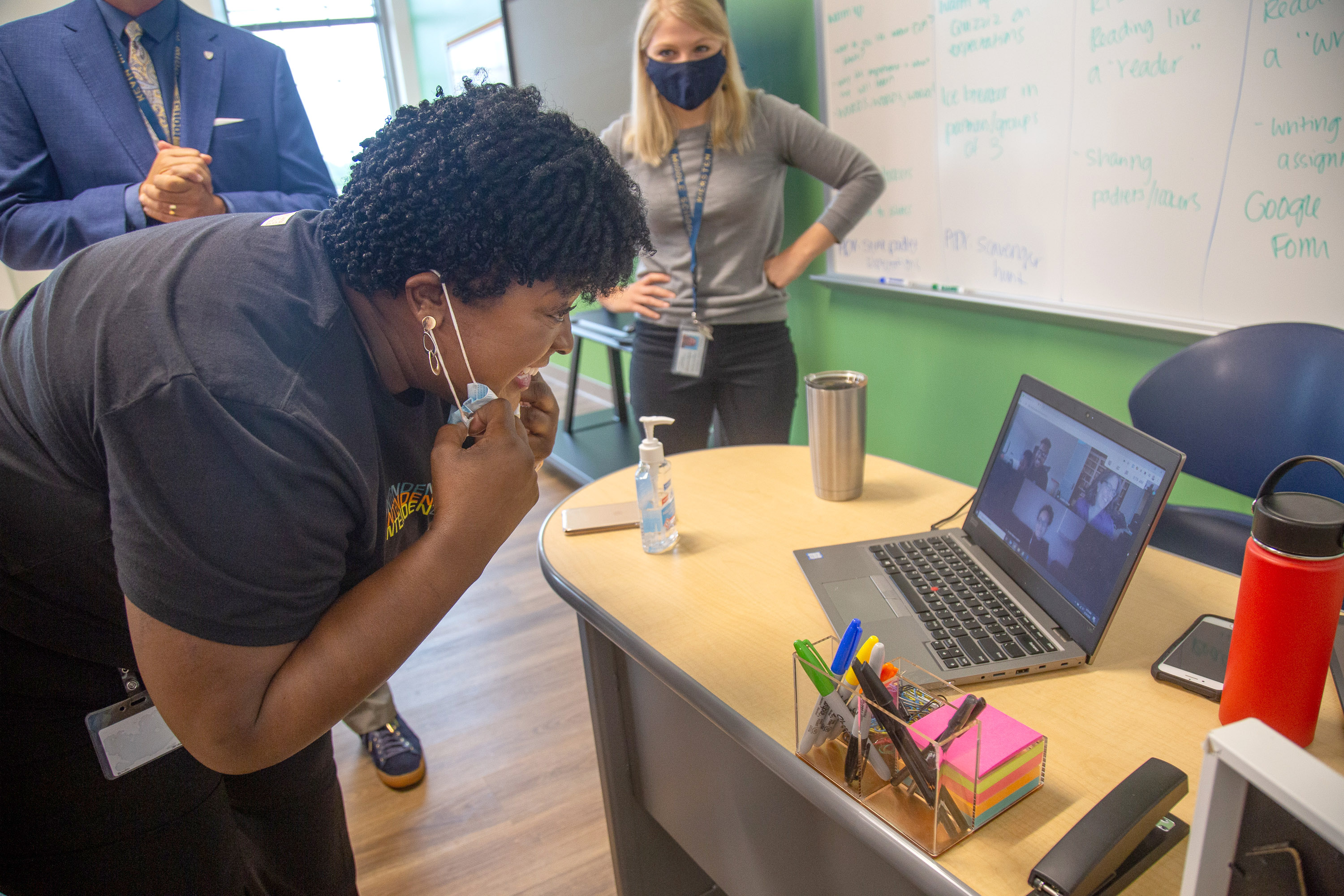 Atlanta Public Schools Superintendent Lisa Herring talks with Kiersten Hellier-Hunter's 7th-grade class over Zoom on the first day of class at David T. Howard Middle School in August. (STEVE SCHAEFER FOR THE ATLANTA JOURNAL-CONSTITUTION)