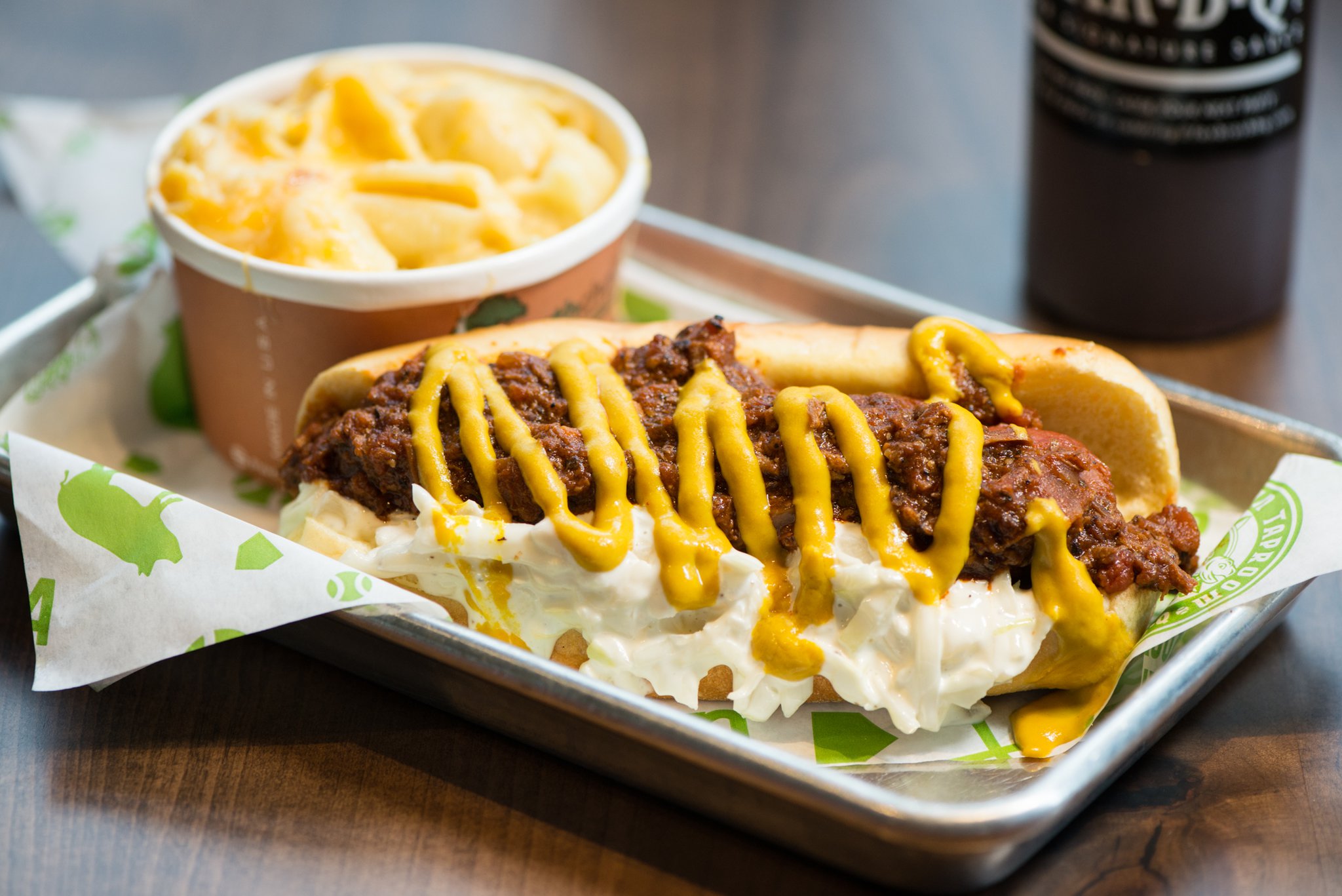 Terrapin Taproom Fox Bros. Dog with brisket chili, slaw, mustard and a side of mac and cheese. Photo credit-Mia Yakel.