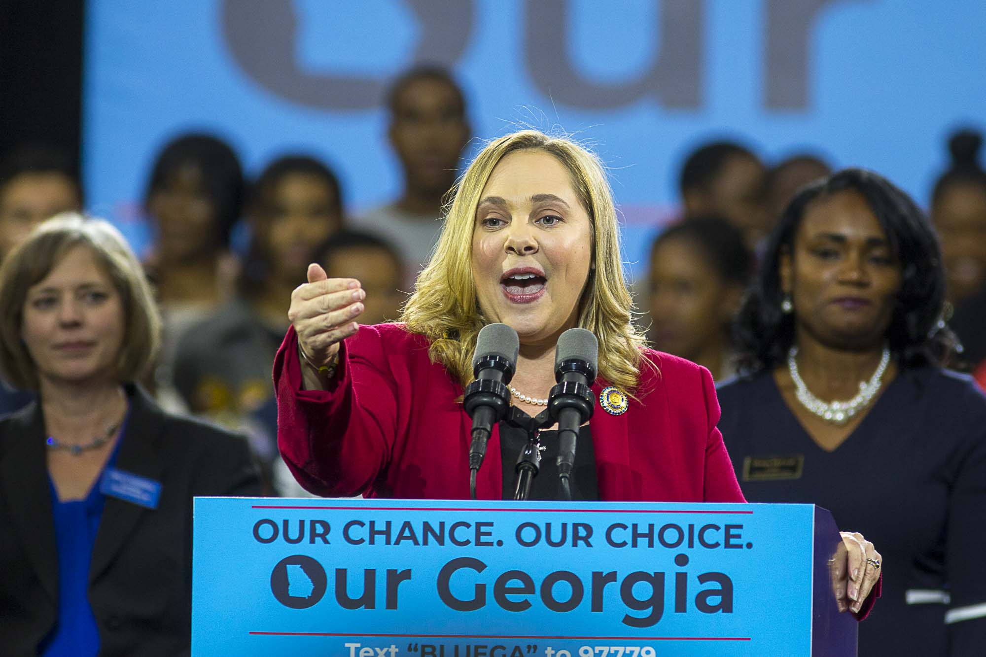 11/02/2018 -- Atlanta, Georgia -- Sarah Riggs Amico, Democratic nominee for Lieutenant Governor, )speaks during a rally for gubernatorial candidate Stacey Abrams in Forbes Arena at Morehouse College, Friday, November 2, 2018. (ALYSSA POINTER/ALYSSA.POINTER@AJC.COM)