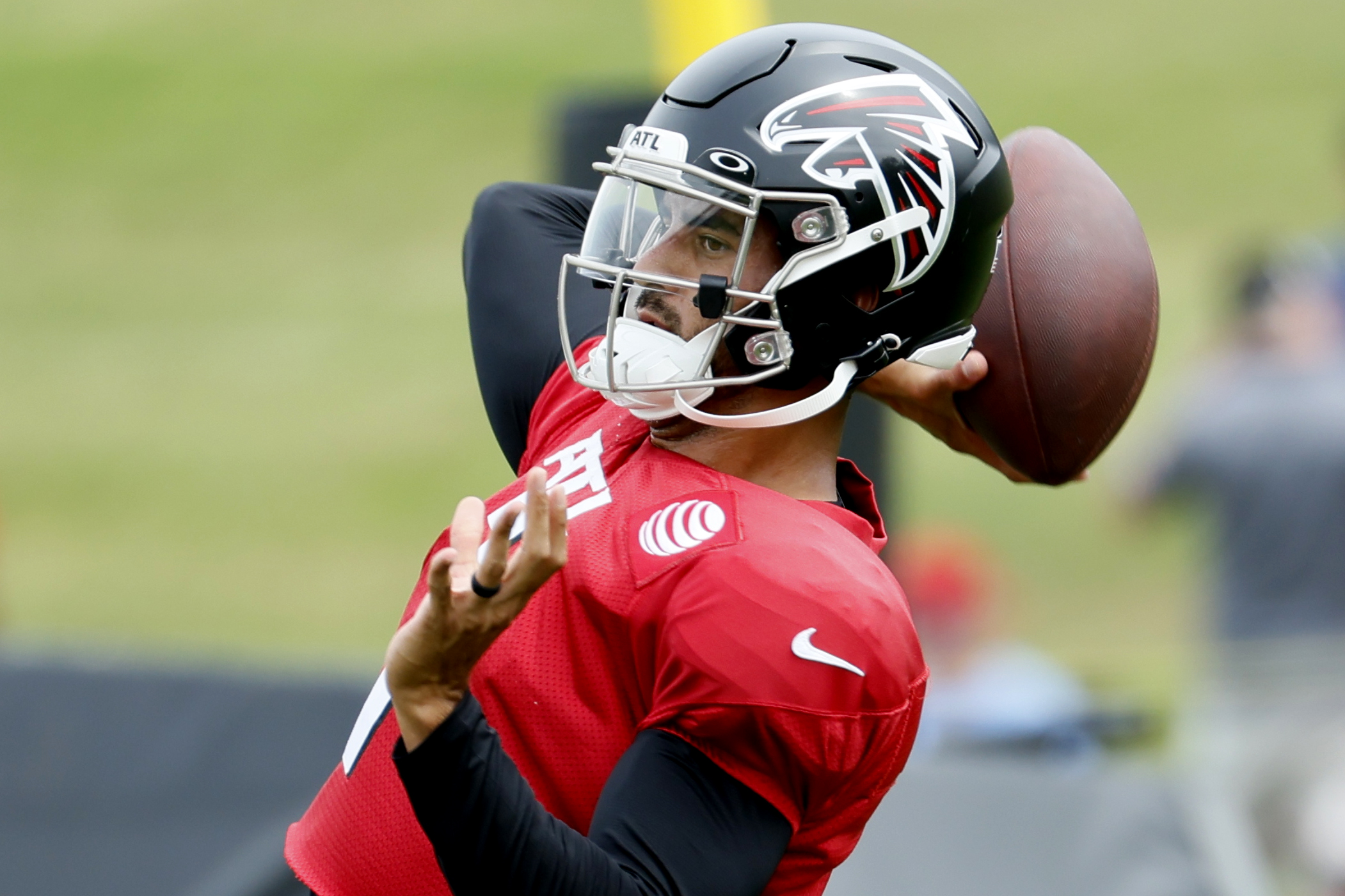 Atlanta Falcons linebacker Nathan Landman (55) lines up during the second  half of an NFL football game against the Jacksonville Jaguars, Saturday,  Aug. 27, 2022, in Atlanta. The Atlanta Falcons won 28-12. (