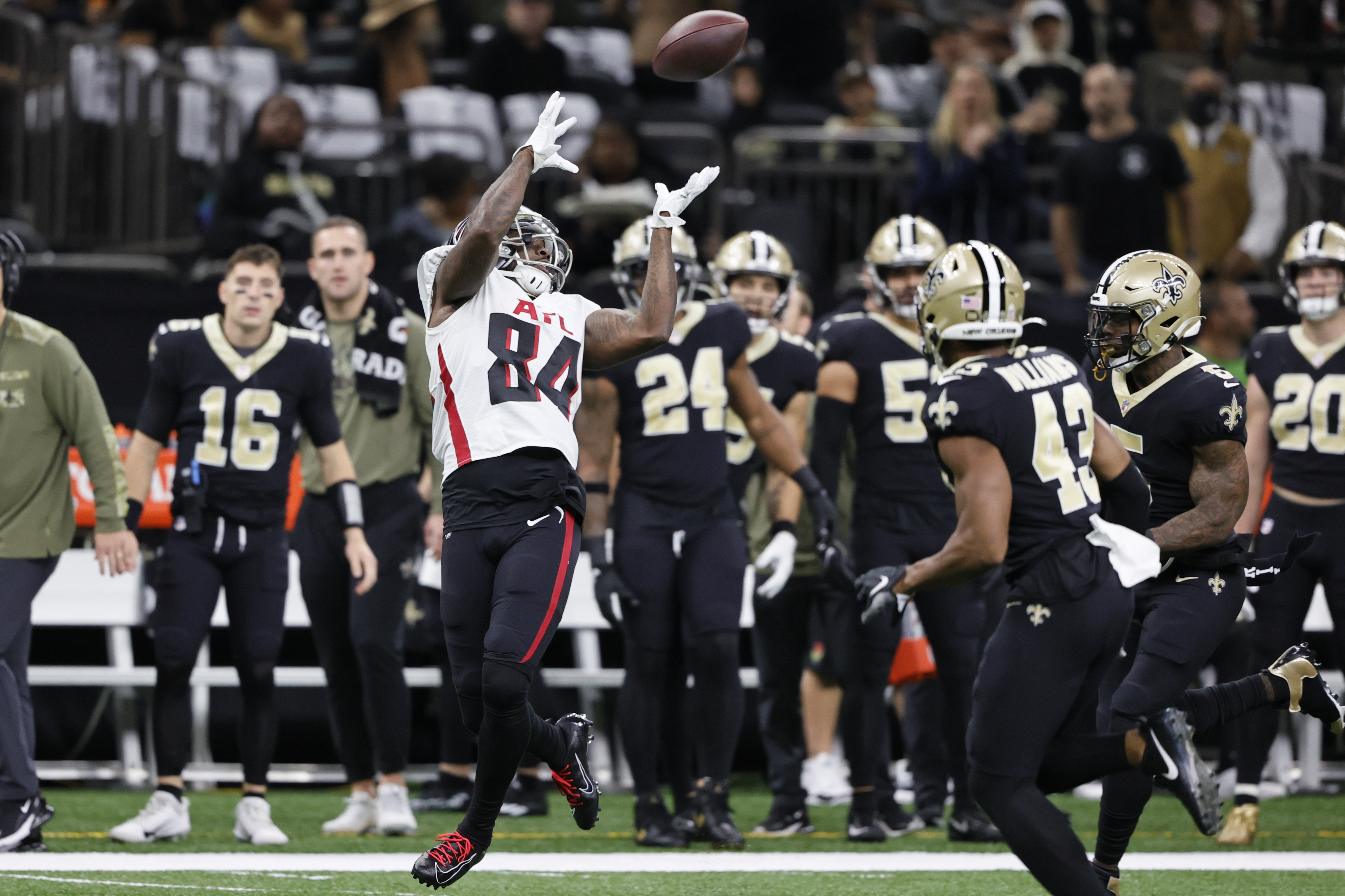 Atlanta Falcons kicker Younghoe Koo (7) lines up during the first half of  an NFL football game against the New Orleans Saints, Sunday, Dec. 6, 2020,  in Atlanta. The New Orleans Saints