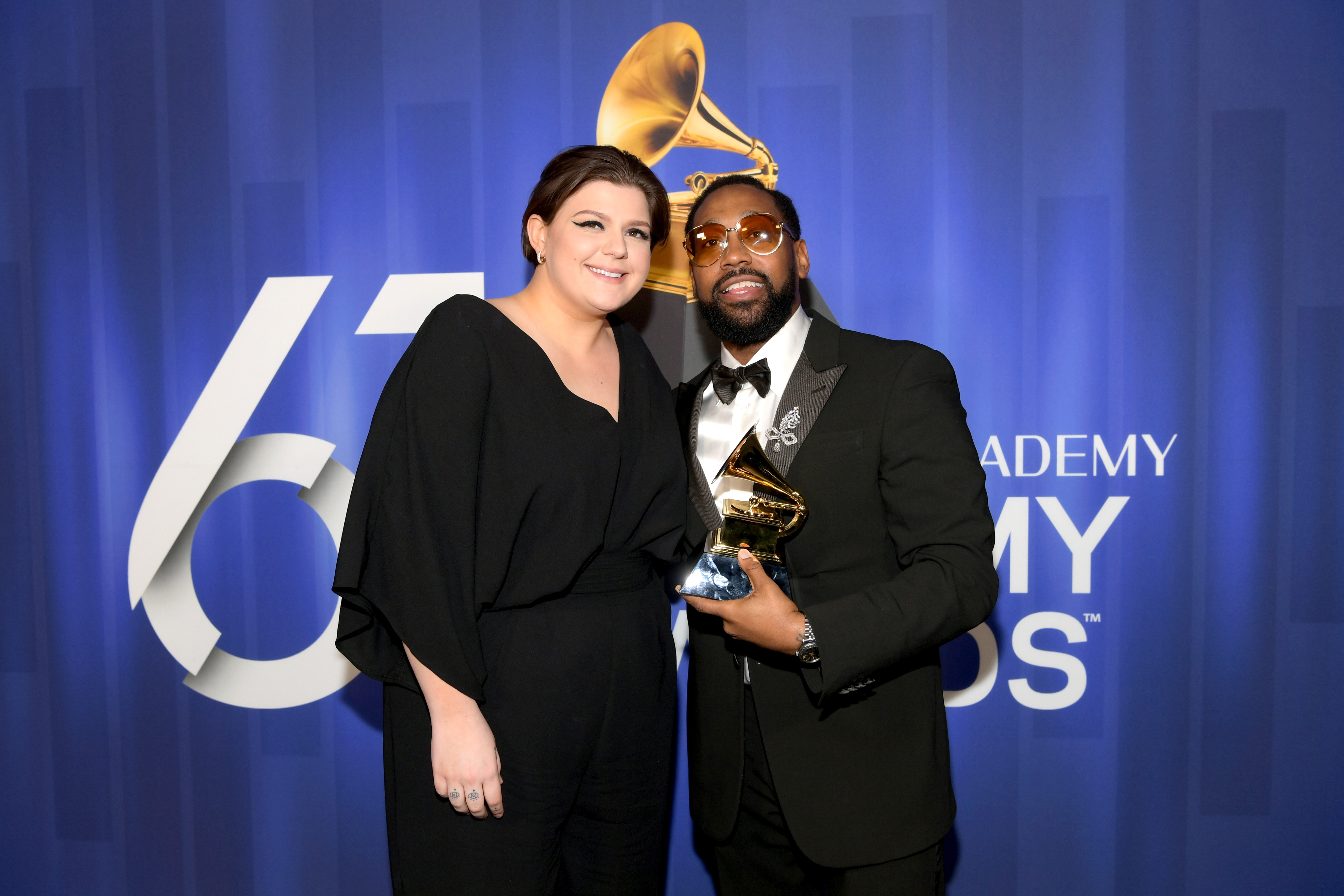 Yebba and PJ Morton pose with their award at the 61st Annual GRAMMY Awards Premiere Ceremony at Microsoft Theater on February 10, 2019 in Los Angeles, California. (Photo by Emma McIntyre/Getty Images for The Recording Academy)