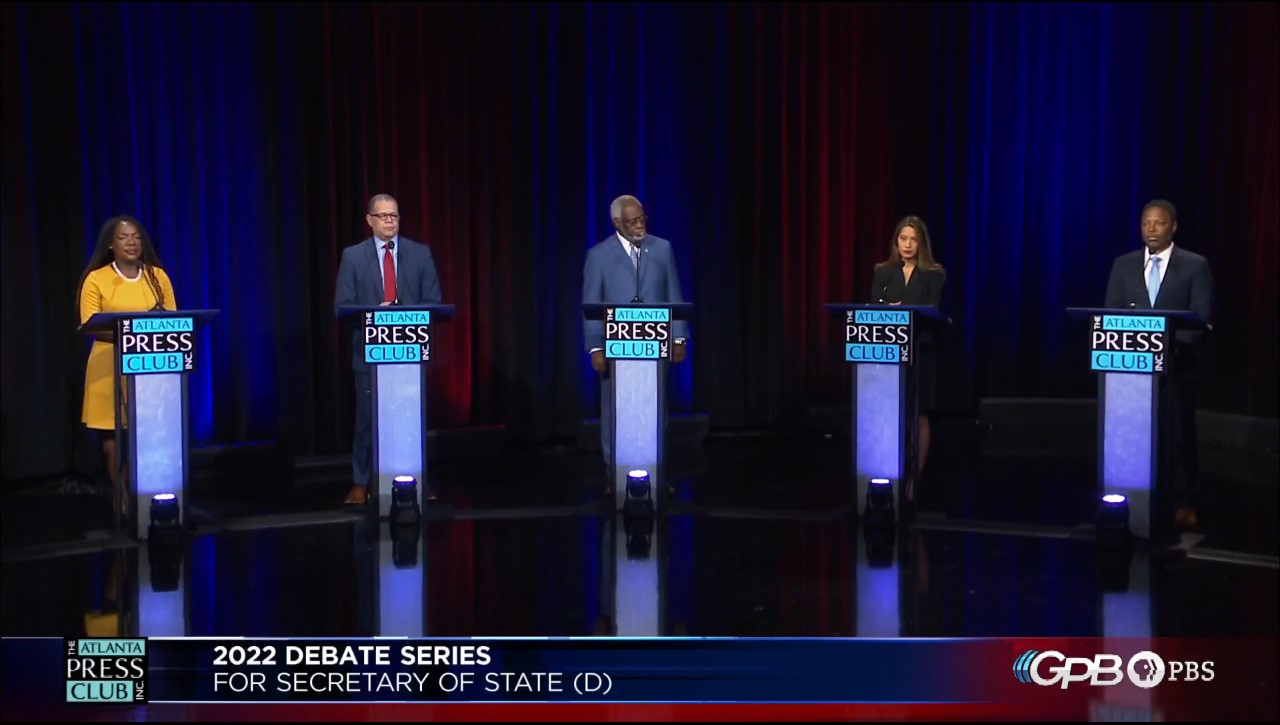 Five Democrats running for Georgia secretary of state participated in a debate by the Atlanta Press Club on Monday, May 2, 2022. From left: Dee Dawkins-Haigler, John Eaves, Floyd Griffin, Bee Nguyen and Michael Owens.