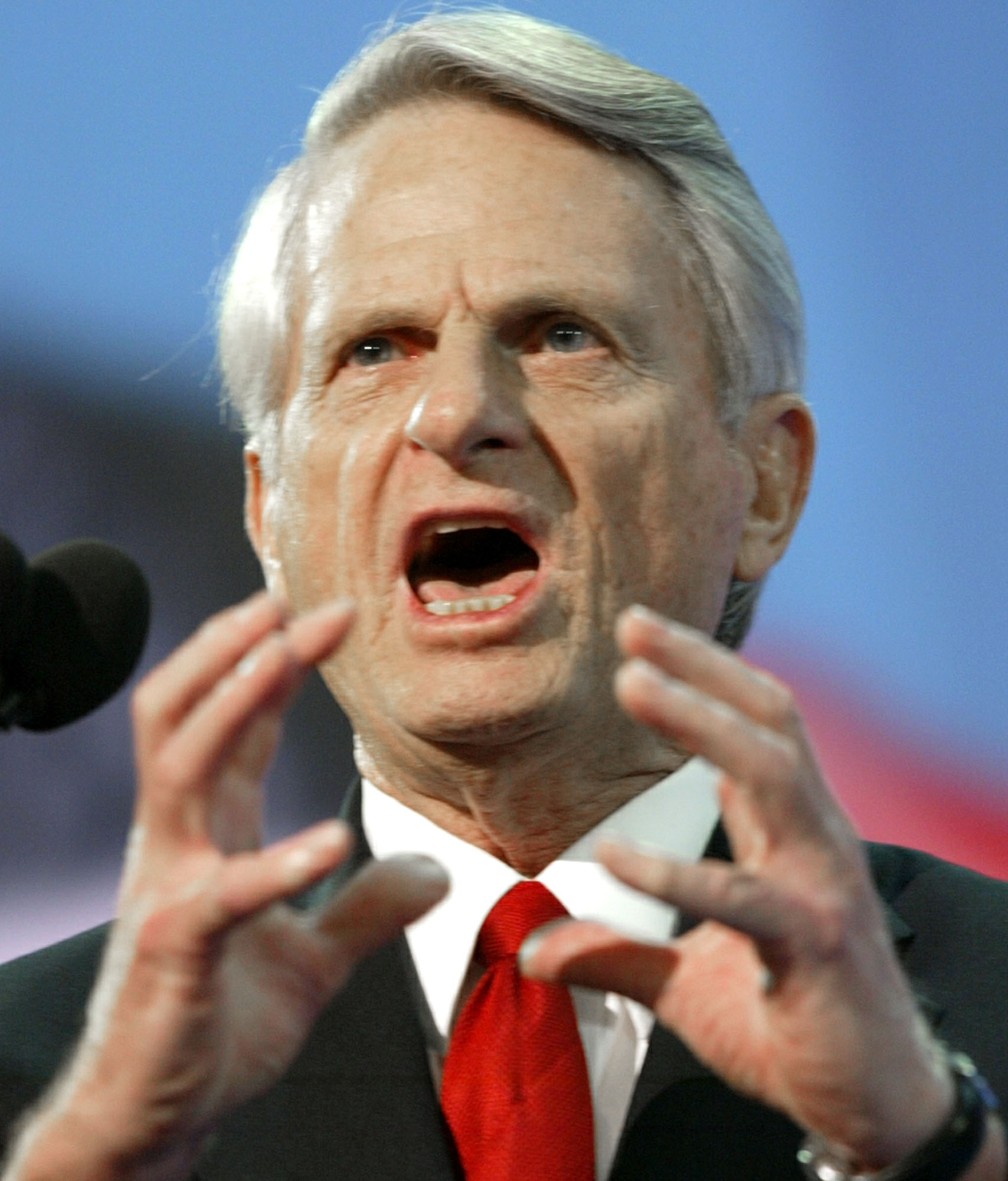 Sen. Zell Miller, D-Ga., delivers the keynote address at the Republican National Convention Wednesday, Sept. 1, 2004, in New York. (AP Photo/Charles Dharapak)