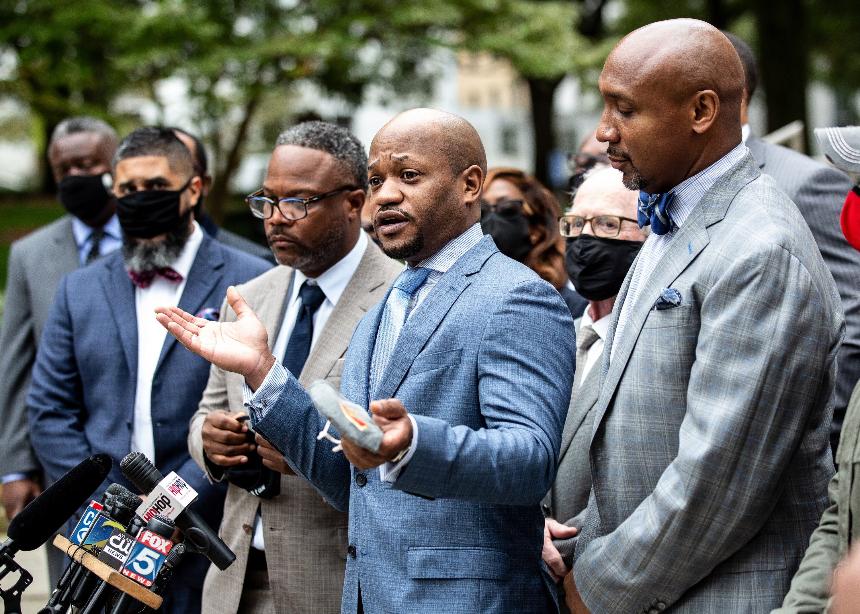 L. Chris Stewart, who represents the familie of Rayshard Brooks talks at a press conference called by nearly two dozen attorneys who are currently suing the city of Atlanta on behalf of victims of police brutality on the steps of City Hall Monday, October 26, 2020. STEVE SCHAEFER / SPECIAL TO THE AJC
