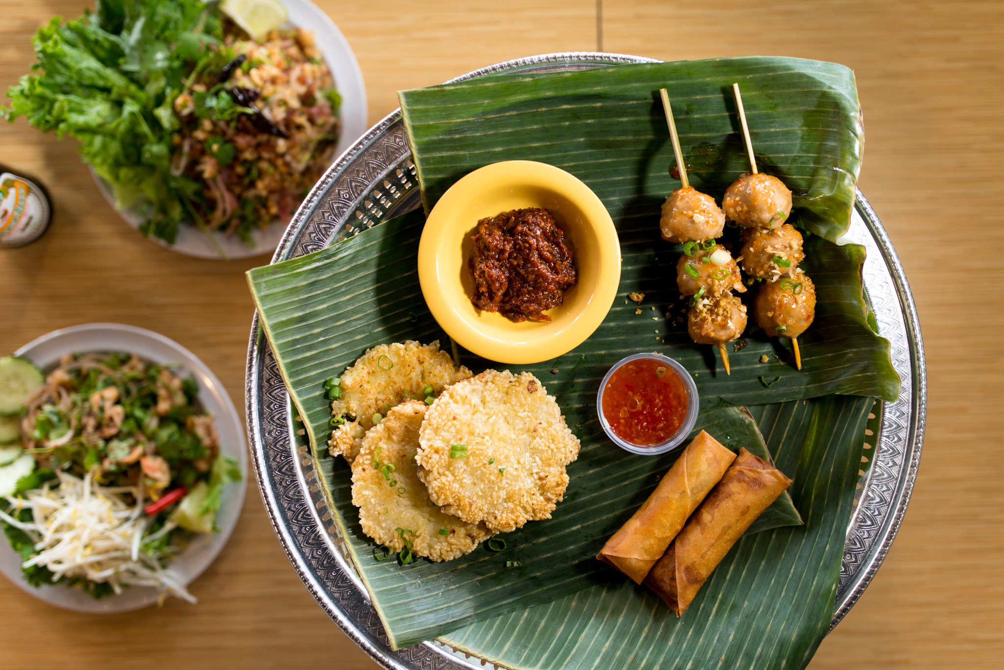 Snackboxe Bistro appetizer plate with egg rolls, Khao Chee, and meatballs. CONTRIBUTED BY MIA YAKEL