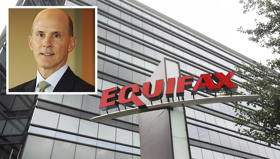 Photos shows former Former Equifax Chief Executive Richard Smith and the company headquarters in Atlanta.