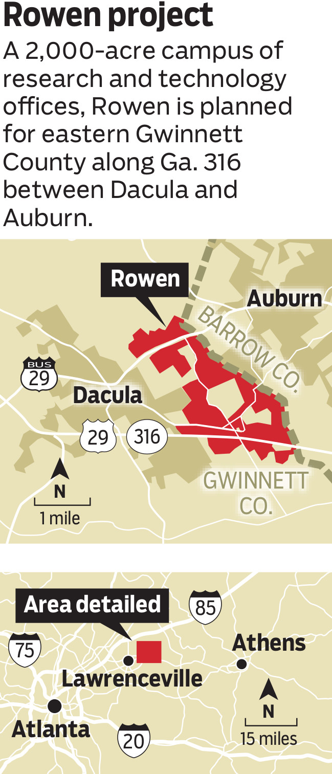 A 2,000-acre campus of research and technology offices, Rowen is planned for eastern Gwinnett County along Ga. 316 between Dacula and Auburn.