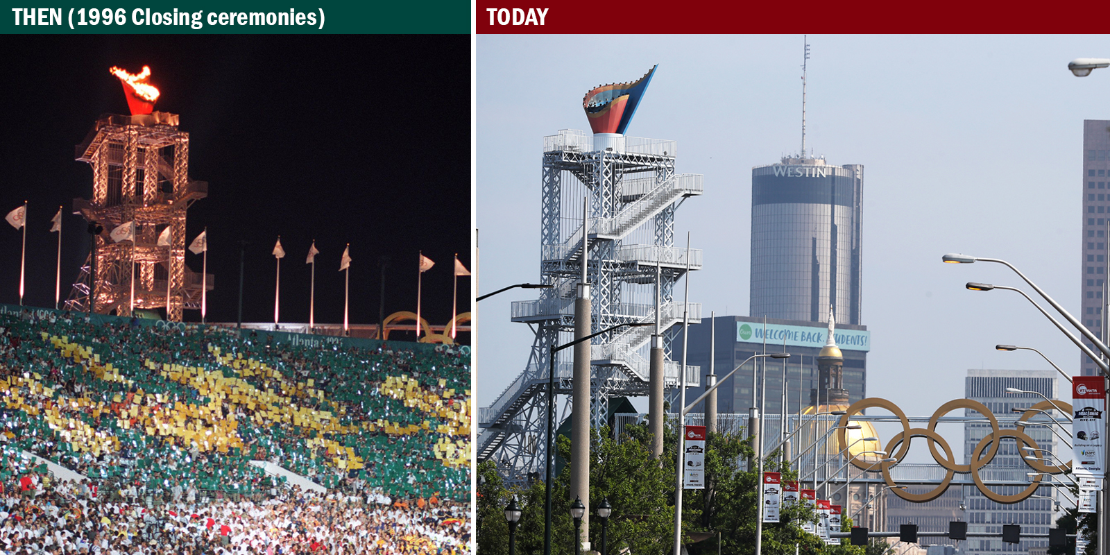 The Olympic Cauldron was lit by Muhammad Ali during the opening ceremonies for the 1996 Summer Olympic Games at Centennial Olympic Stadium (seen here during the closing ceremonies on Aug. 4, 1996). The stadium was later reconfigured as Turner Field, the home of the Atlanta Braves, until the ball club moved to Truist Field in Cobb County in 2017. The cauldron moved too, one block north to the intersection of Capitol Avenue and Fulton Street. The stadium, now called Center Parc Credit Union Stadium, is the home of the Georgia State University Panthers football team. (Renee Hannans, Curtis Compton / AJC)