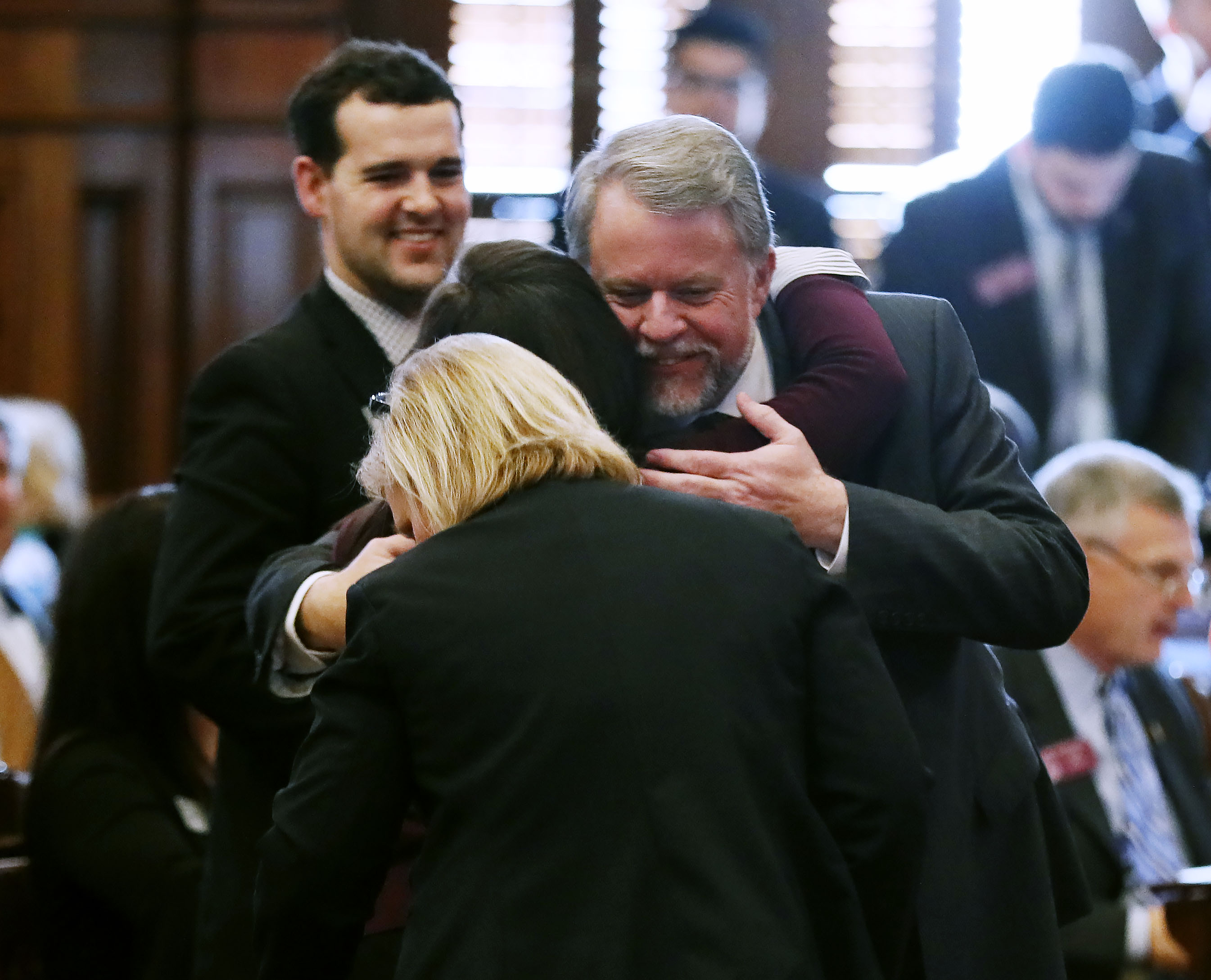 Appropriations chairman Terry England, R - Auburn, congratulates the budget staff after the budget passed in this February 2019 photo. Lawmakers put $1.8 million in next year’s budget for more school bus upgrades.