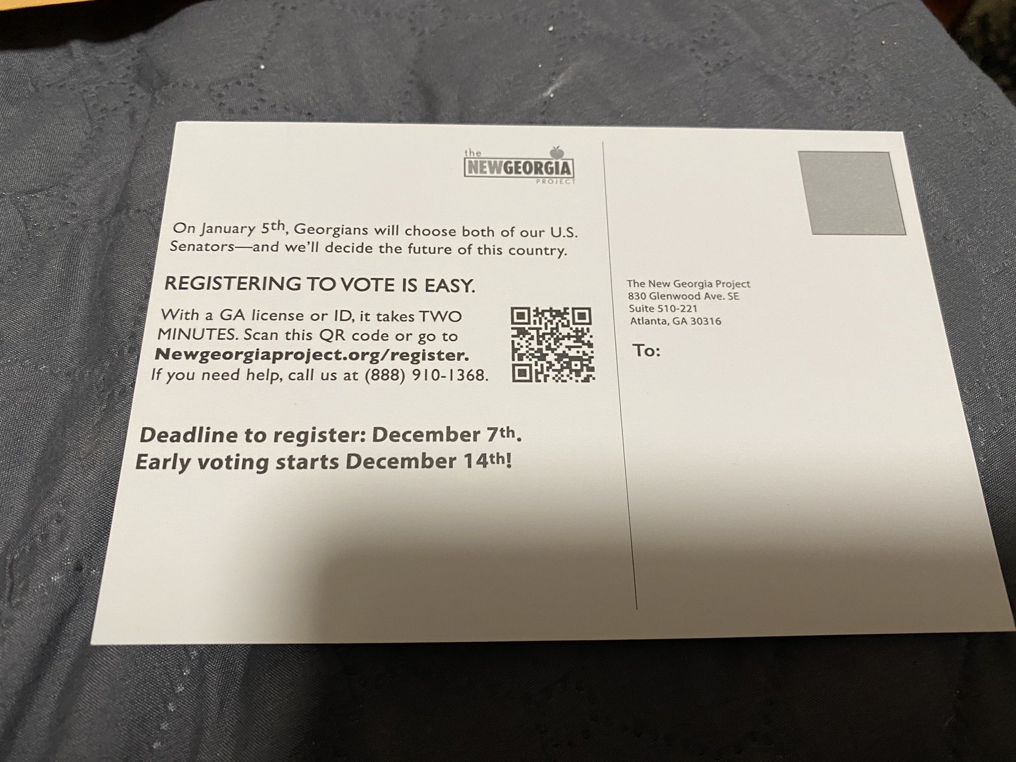 A New York woman wrote on Twitter that she received postcards from The New Georgia Project telling people how to register to vote. The New Georgia Project said the postcards were intended reach potential eligible Georgia voters. Photo via Twitter.