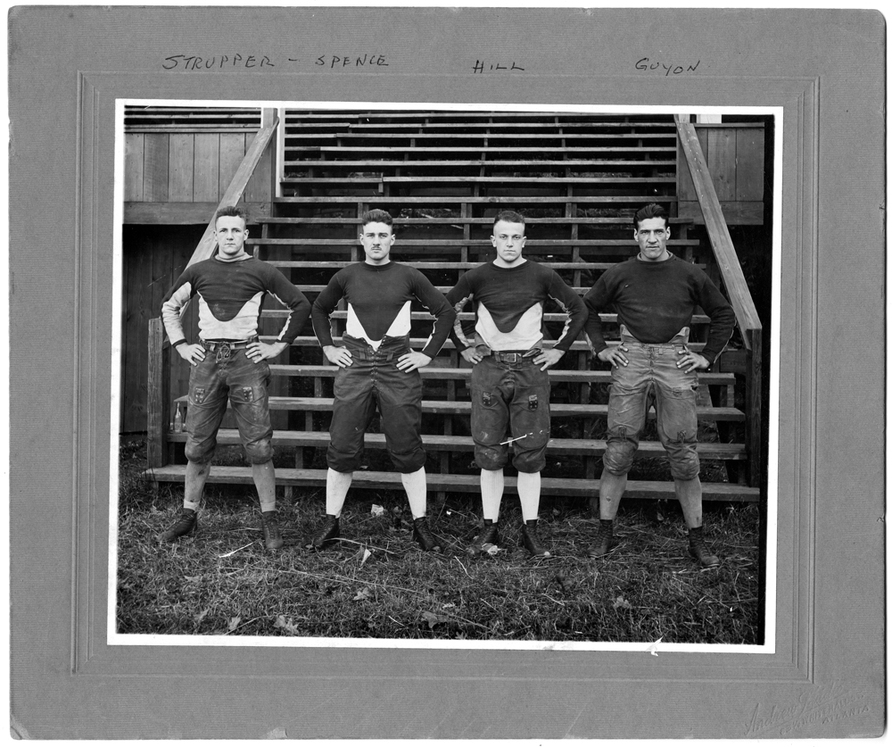 A Georgia Tech photo of football greats (left to right) Everett Strupper, Tommy Spence, Judy Hill and Joe Guyon. Strupper and Guyon are both inductees in the College Football Hall of Fame. (Georgia Tech Archives)