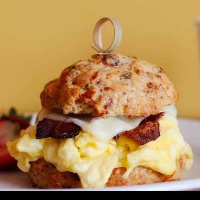 Seven Sisters' breakfast “sconewich” can be customized by choosing a savory scone and then adding eggs, cheese, bacon, chicken sausage or fried chicken. Courtesy of Seven Sisters Scones
