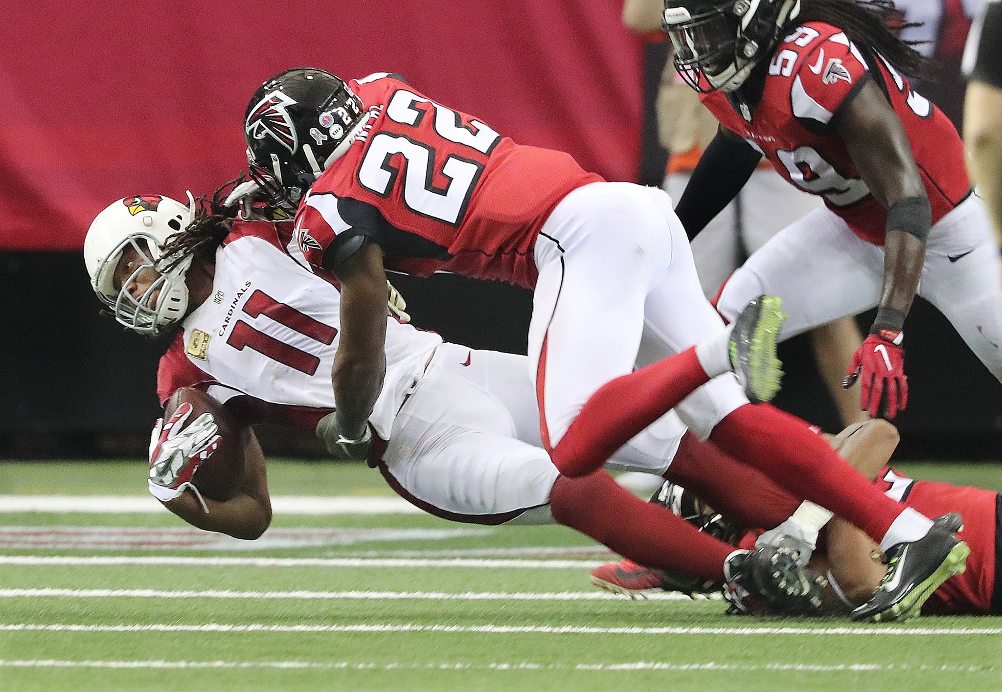 Tampa Bay Buccaneers safety Keanu Neal (22) lines up during the first half  of an NFL football game against the Atlanta Falcons, Sunday, Jan. 8, 2023,  in Atlanta. The Atlanta Falcons won