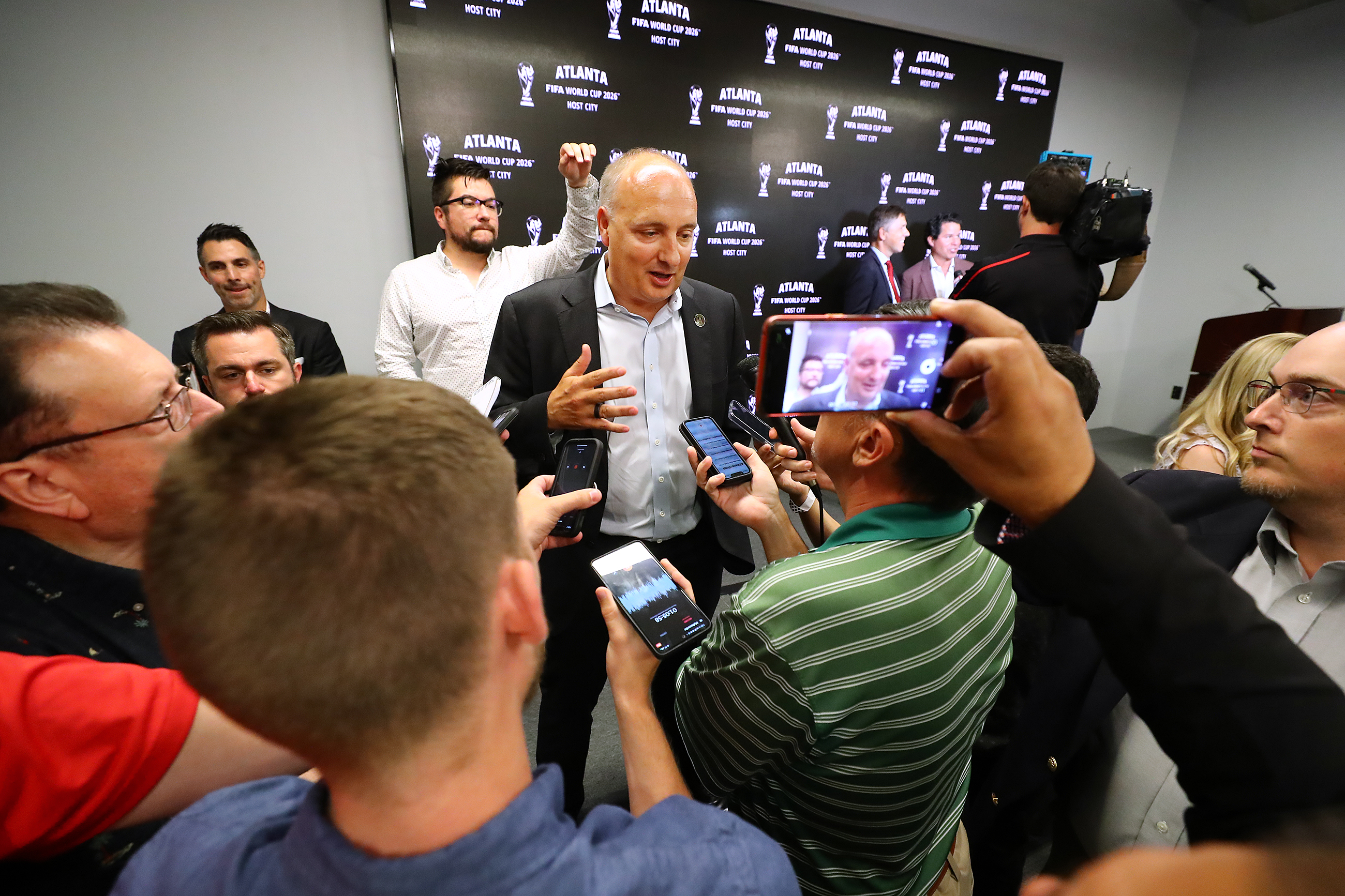 Darren Eales, President Atlanta United FC, takes questions during the Host City announcement press conference for the 2026 World Cup at Mercedes-Benz Stadium on Thursday, June 16, 2022, in Atlanta. “Curtis Compton / Curtis.Compton@ajc.com”