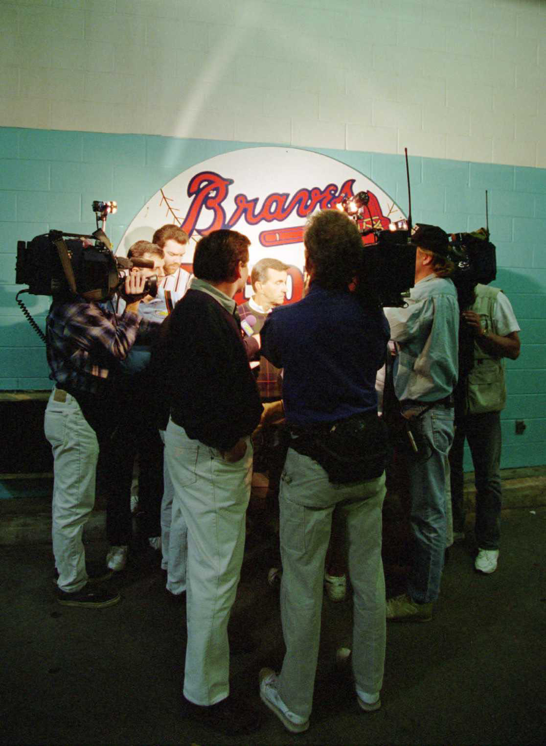 Atlanta Braves owner Ted Turner in locker room with Tom Glavine