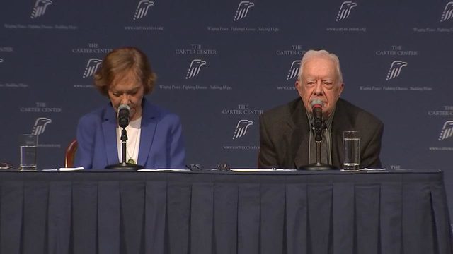 <p>Former President Jimmy Carter and Rosalynn Carter during their annual “A Conversation with the Carters” event at the Carter Center on Tuesday night.