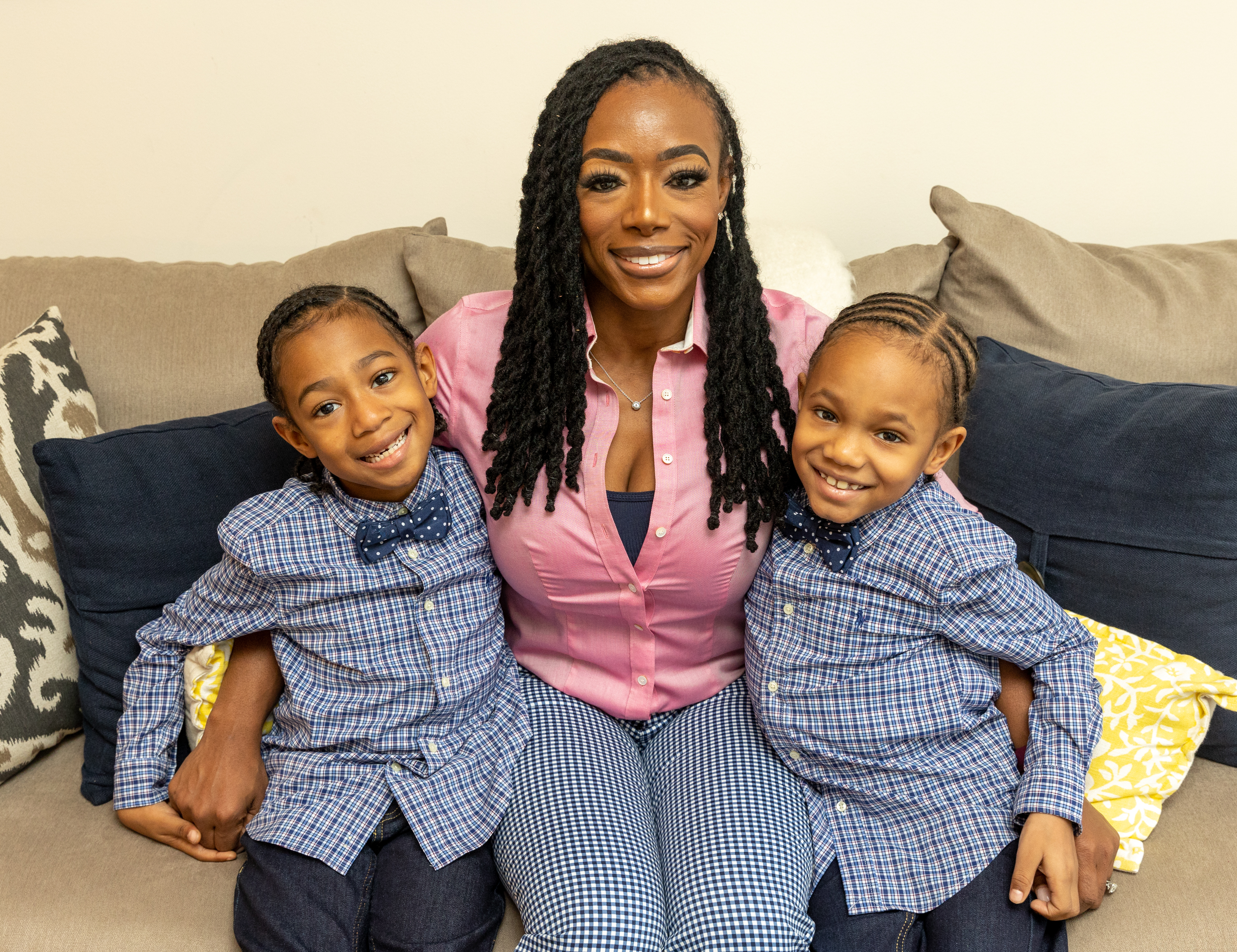 Shea Guillory and 6-year-old twins Sawyer, left, and Saxton, right, are at their home Monday, January 17, 2022. Guillory manages the busy boys and Sawyer's sickle-cell disease while home schooling with help from her mother; while her husband works as a government contractor. (Jenni Girtman for The Atlanta Journal-Constitution)