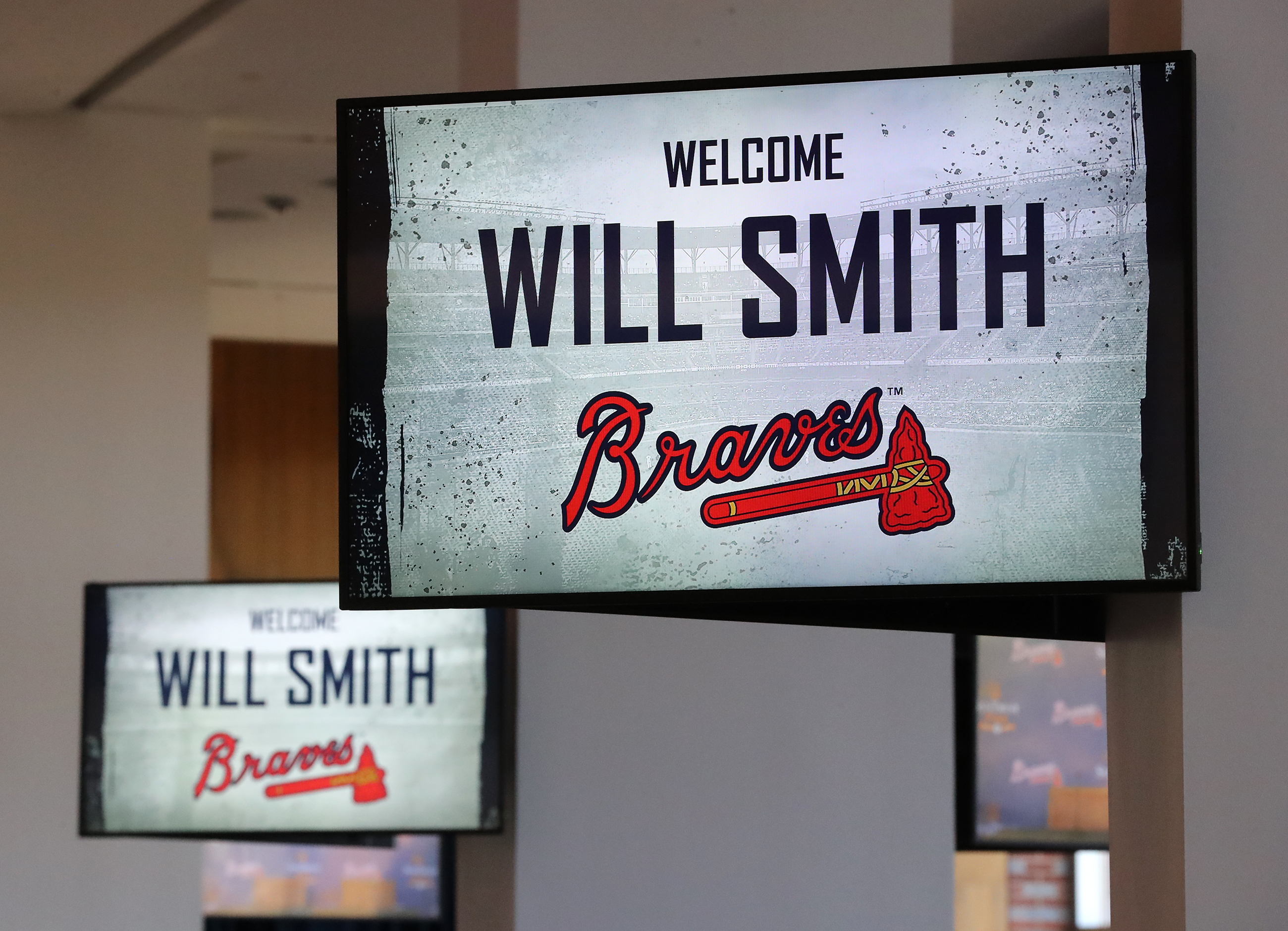 Signs inside SunTrust park welcome left-handed pitcher Will Smith. Curtis Compton/ccompton@ajc.com