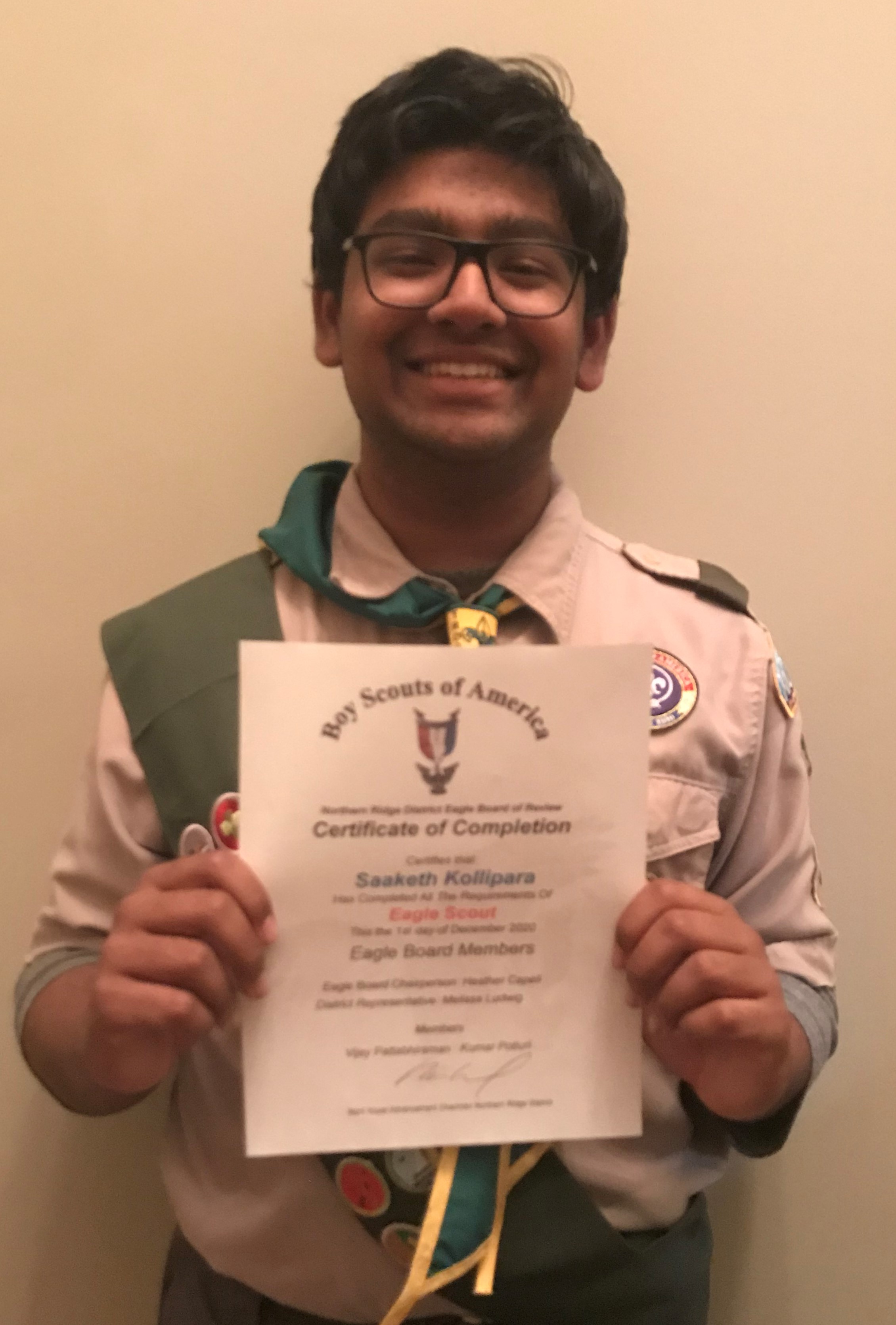 The Northern Ridge Boy Scout District (Cities of Roswell, Alpharetta, John’s Creek, Milton) is proud to announce its newest Eagle Scout, Saaketh Kollipara, of Troop 3143, sponsored by John’s Creek United Methodist Church, whose project was the design and construction of 25 Seating Planks, for the Sri Satyanarayana Swamy Temple Atlanta.