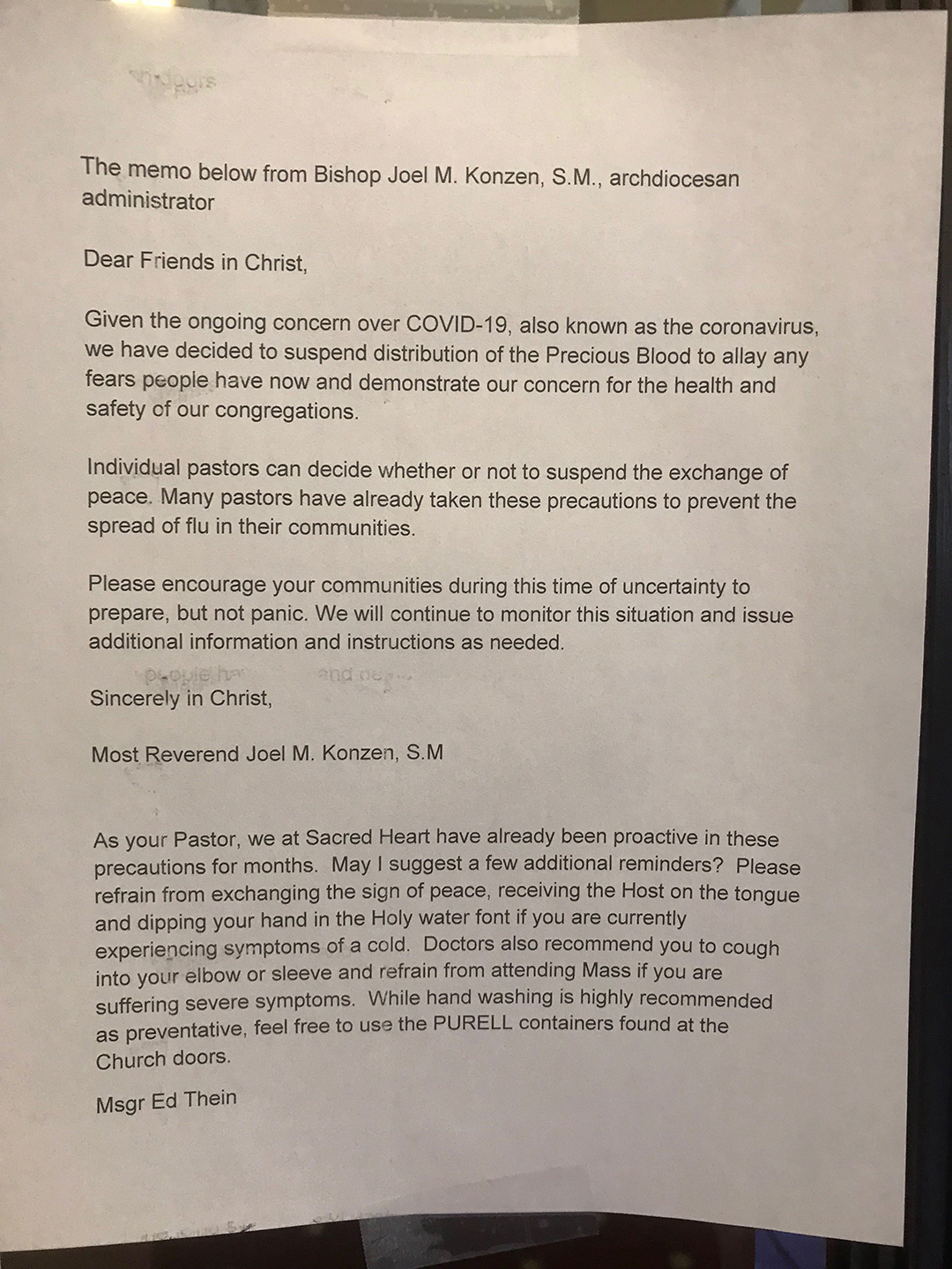 This letter in reference to coronavirus was posted on the doors to the entrance of Basilica of the Sacred Heart of Jesus, a Catholic Church on Peachtree Street, on Sunday, March 1, 2020. The letter was also read to the congregation and applies to all parishes in the Atlanta archdiocese. (Photo: Ligaya Figueras/AJC)