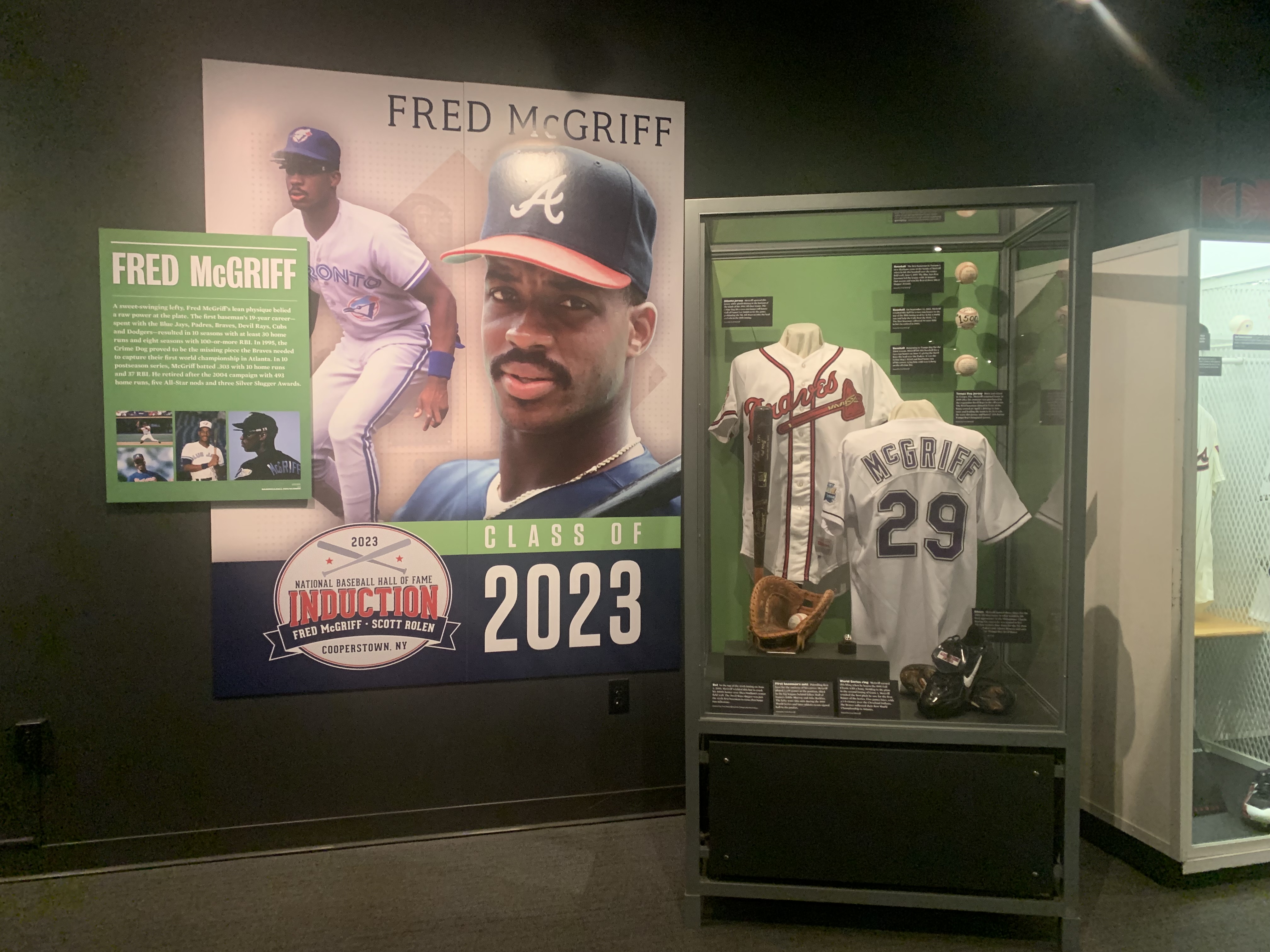 A plaque for Hall of Fame inductee Fred McGriff is shown during the  National Baseball Hall of Fame induction ceremony, Sunday, July 23, 2023,  at the Clark Sports Center in Cooperstown, N.Y. (